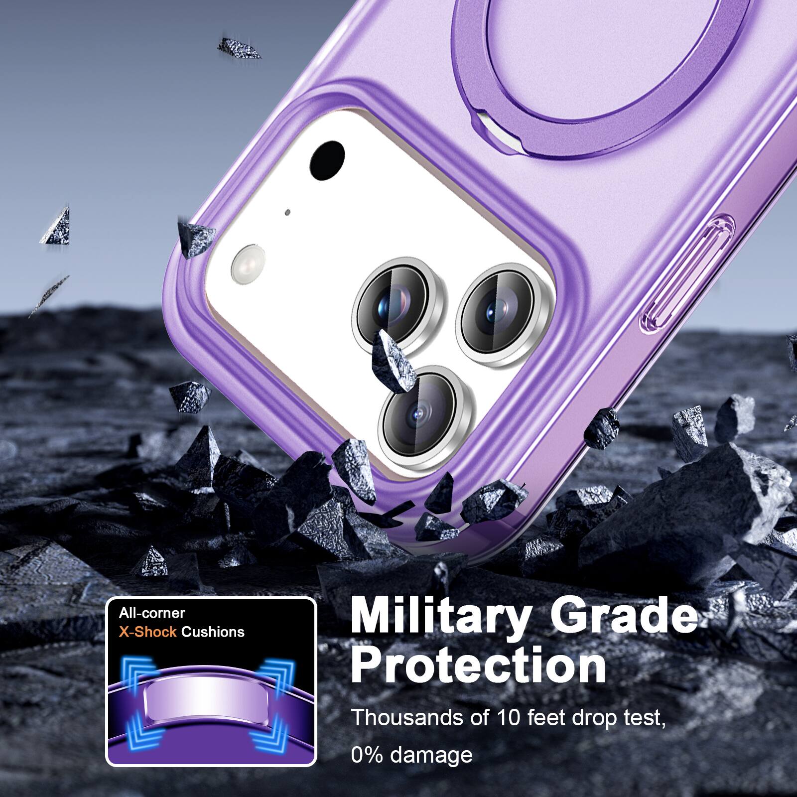 All-corner X-Shock Cushions  
Military Grade Protection  
Thousands of 10 feet drop test, 0% damage
