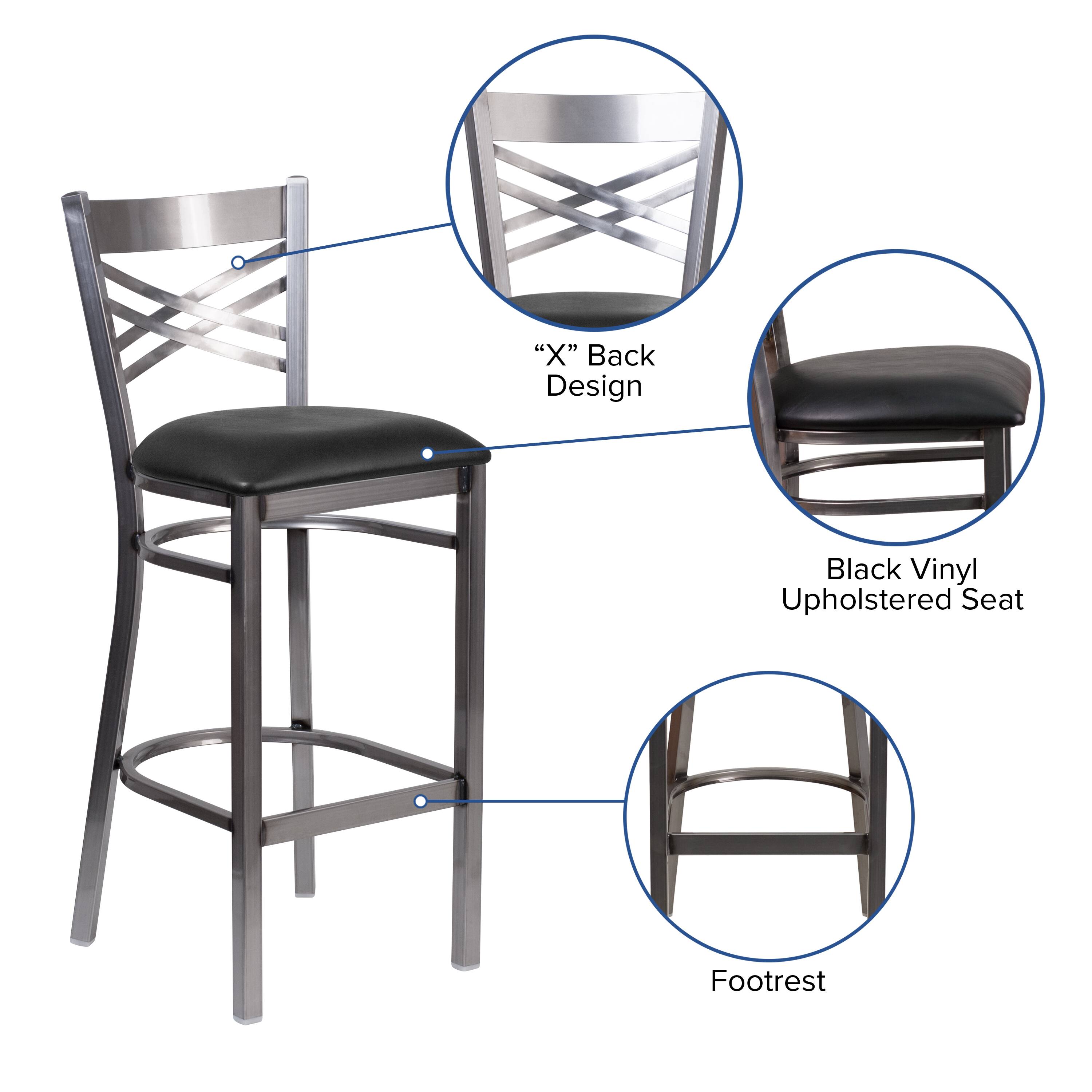 "X" Back Design  
Black Vinyl Upholstered Seat  
Footrest