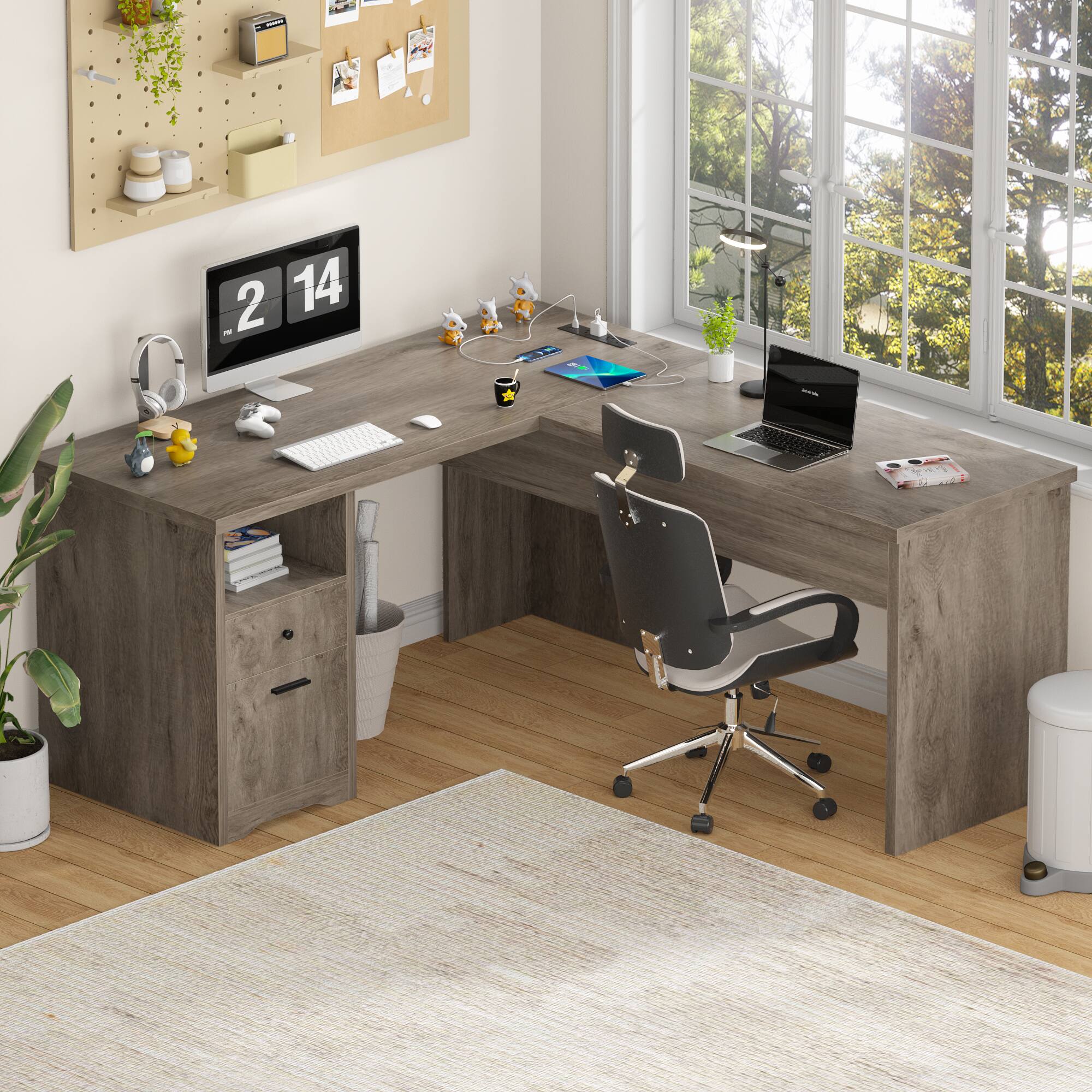 Alt View 4. Aheaplus - 56'' Lift Top Computer Desk with Drawers and Power Outlets, Lift Top Executive Desk - Wash Oak.