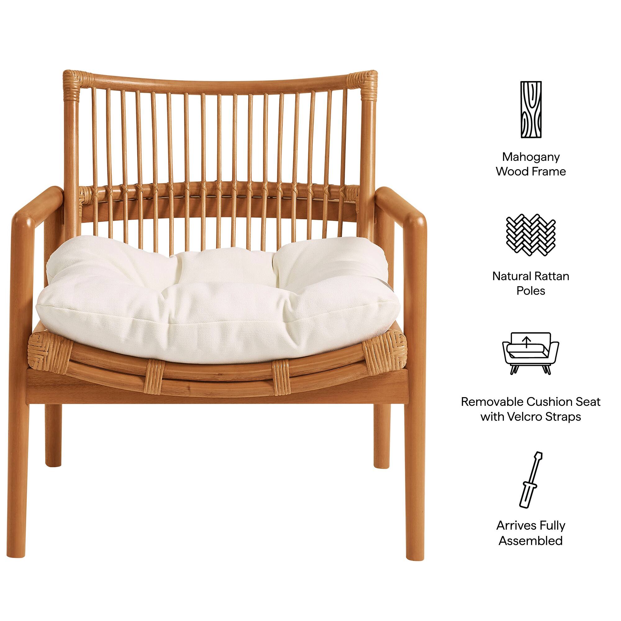 Mahogany Wood Frame  
Natural Rattan Poles  
Removable Cushion Seat with Velcro Straps  
Arrives Fully Assembled