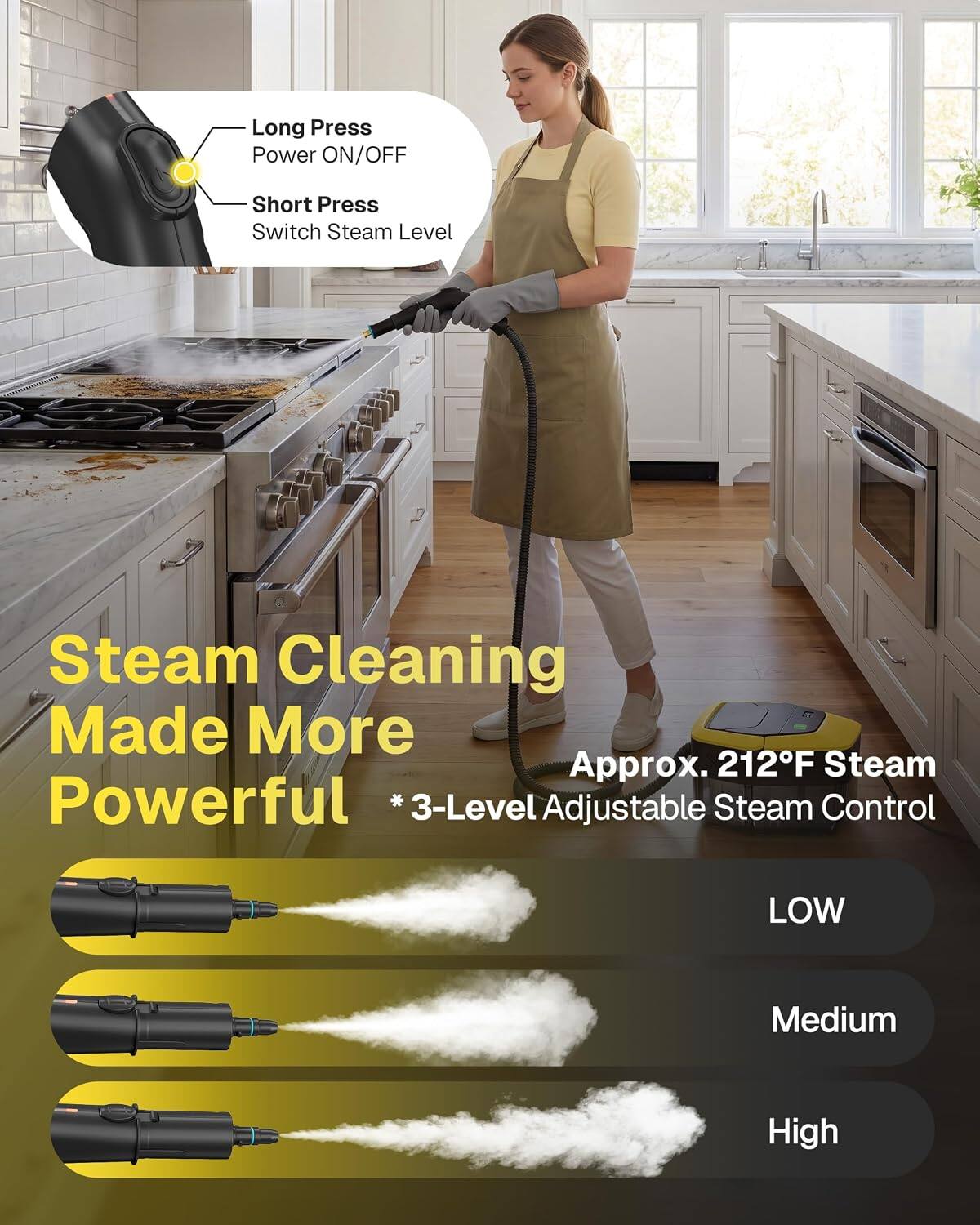 Long Press Power ON/OFF  
Short Press Switch Steam Level  

Steam Cleaning Made More Powerful  
Approx. 212°F Steam  

*3-Level Adjustable Steam Control  
LOW  
Medium  
High