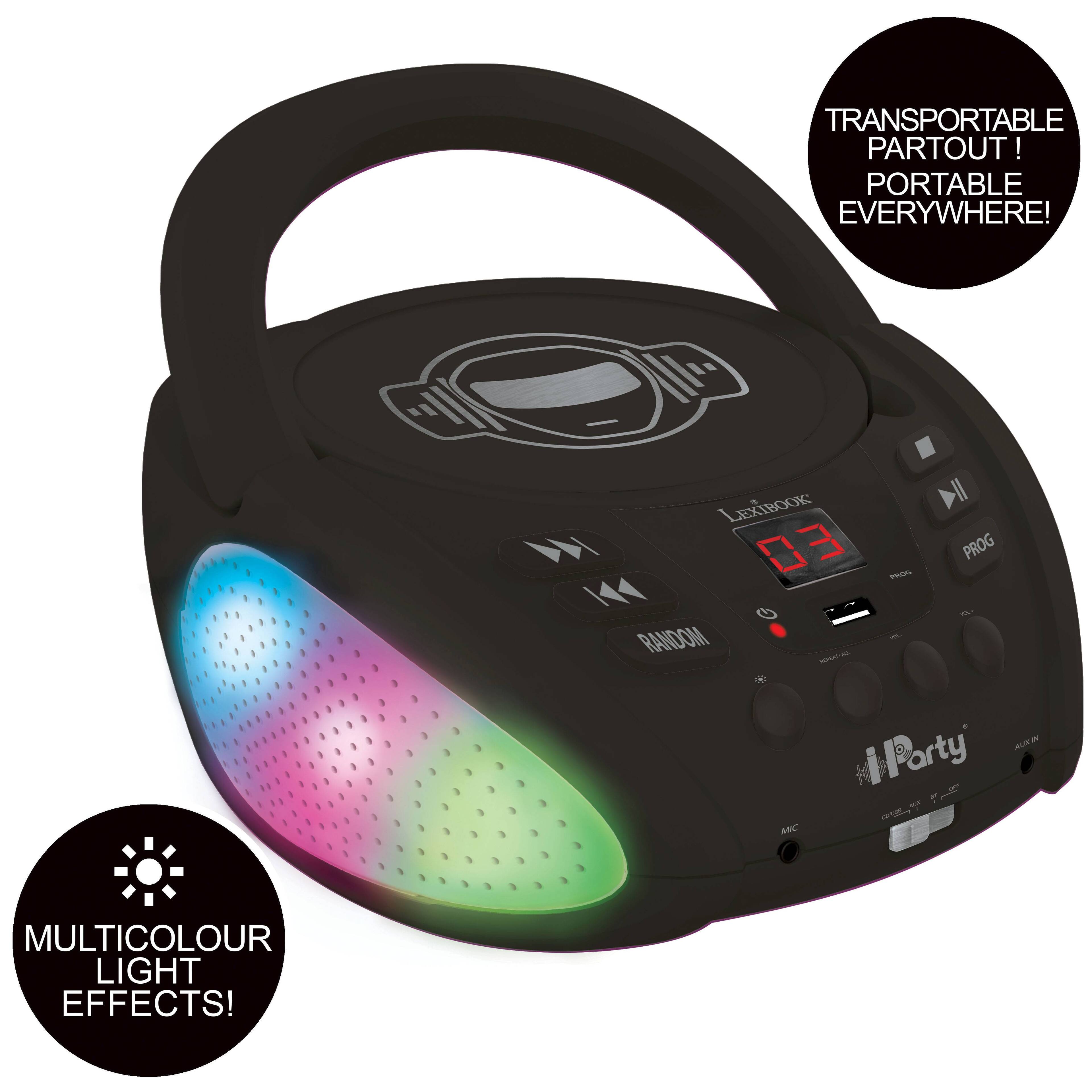 TRANSPORTABLE PARTOUT! PORTABLE EVERYWHERE!  
LEXIBOOK Y 03 PROG - G ... RANDOM - I - Jh iParty  
MC MULTICOLOUR LIGHT EFFECTS!