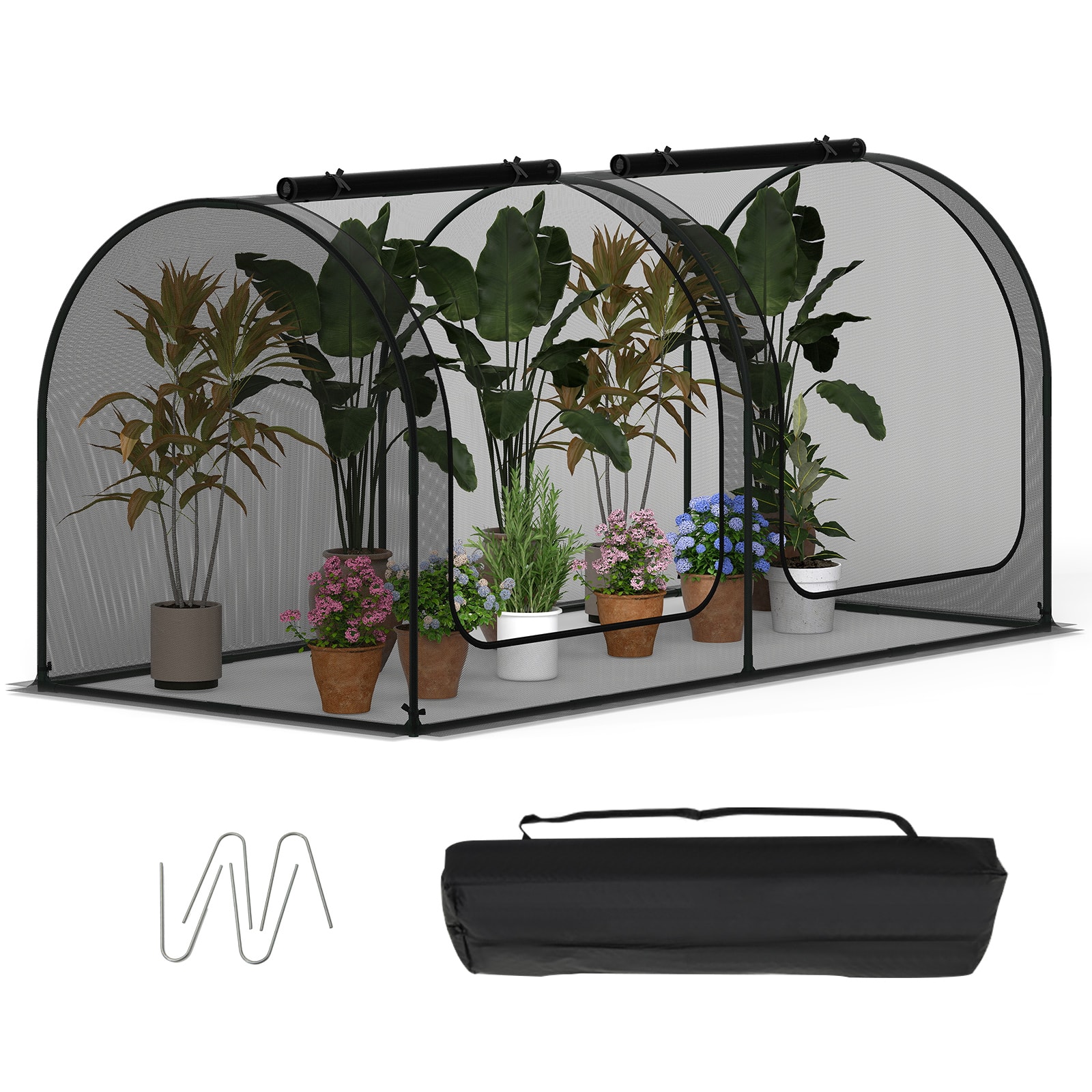Gymax - 98 x 48 x 48in Portable Crop Cage w/2 Roll-Up Zippered Doors 4 Ground Stakes - Black