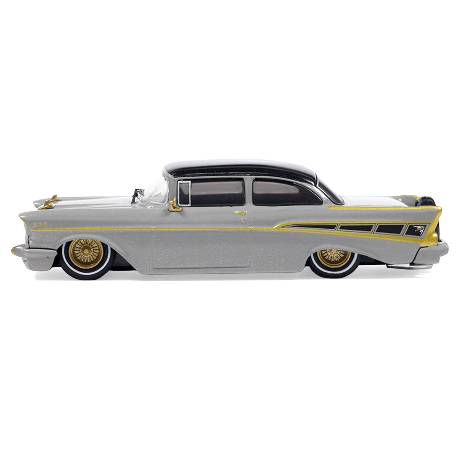 Alt View 1. IXO - 1957 Chevrolet Bel Air Lowrider Gray with Black Top and Gold Accents 1/64 Diecast Model Car by IXO Models.