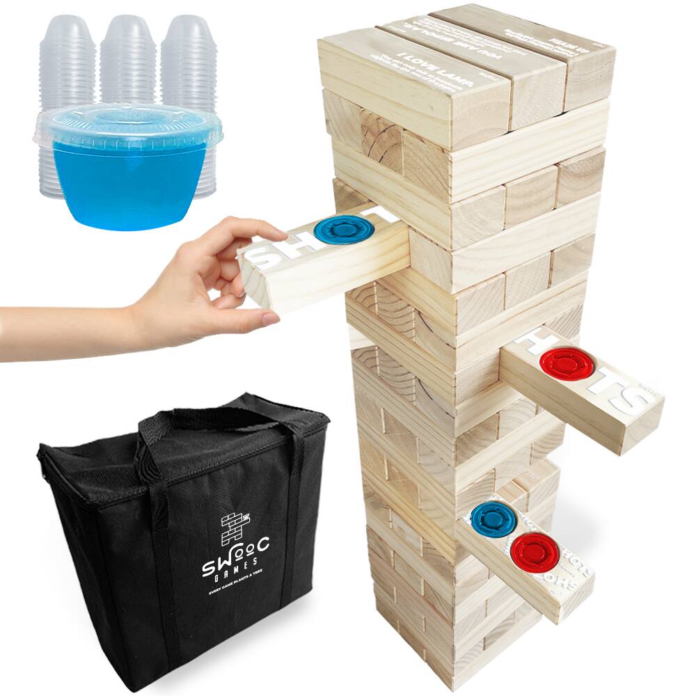 Swooc Games - Giant Tower Party Game with Hidden Shots & 60 Commands - Includes 60 Blocks,104 Disposable Cups & Carrying Case - Beige