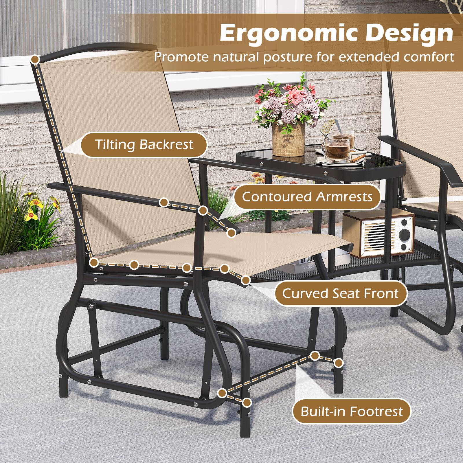 Ergonomic Design  
Promote natural posture for extended comfort  
- Tilting Backrest  
- Contoured Armrests  
- Curved Seat Front  
- Built-in Footrest