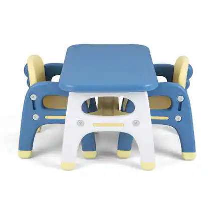 Front. Kadyn - Kids Table and 2 Chairs Set with Storage Shelf and Building Blocks-Blue, Small Folding Table for Crafts, Snack Time - Blue.