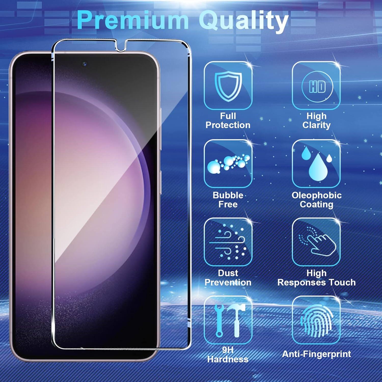 Premium Quality, HD, Full Protection, High Clarity, Bubble Free, Oleophobic Coating, Dust Prevention, High Responses Touch, 9H Hardness, Anti-Fingerprint