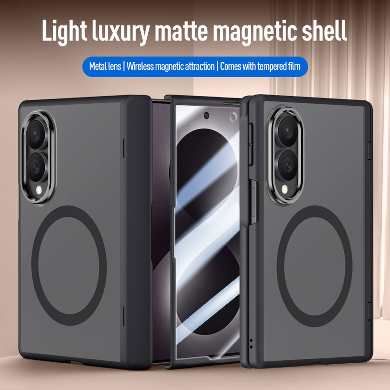 Light luxury matte magnetic shell  
Metal lens | Wireless magnetic attraction | Comes with tempered film