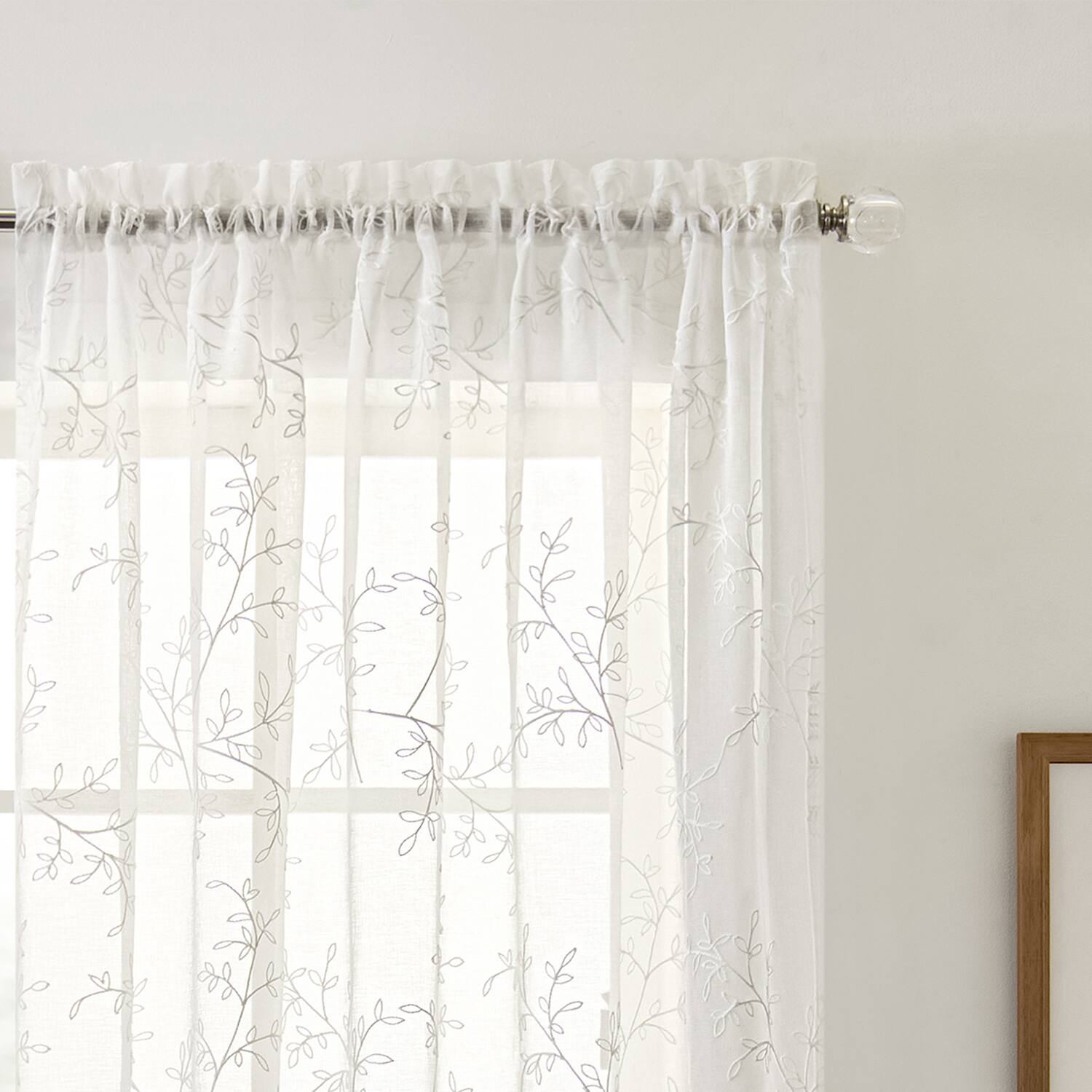 Left. Ellis Curtain - Ellis Curtain Brewster 100% Polyester Embroidered Sheer Rod Pocket Curtain Panel 52" x 63" White - White.