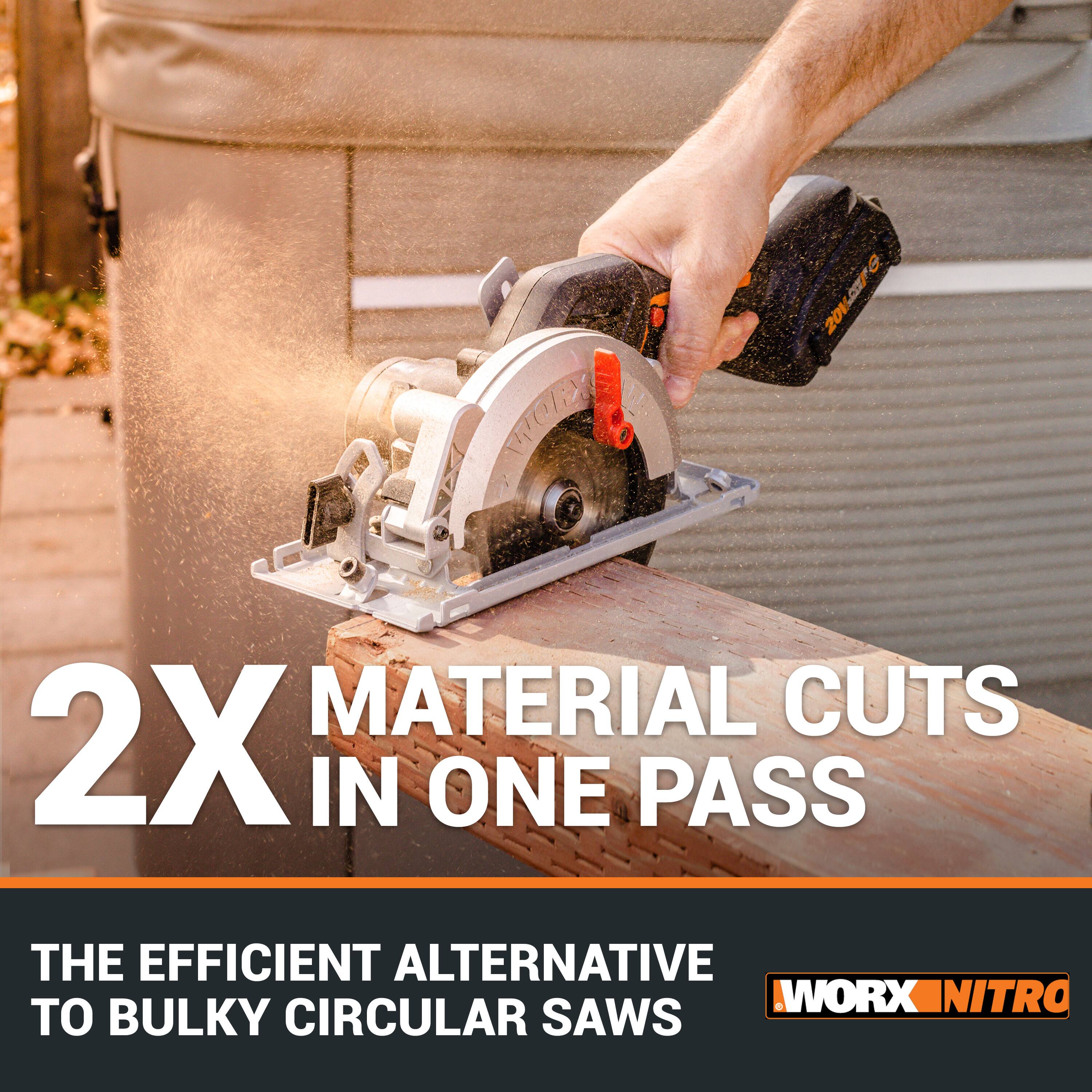 The image features a man using a circular saw to cut a piece of wood. The text on the image reads "2X Material Cuts in One Pass," which suggests that the circular saw is designed to make quick and efficient cuts in a single pass, reducing the time and effort required for the task. The image also promotes the use of this circular saw as an alternative to bulkier circular saws, making it a convenient and practical choice for woodworking projects.