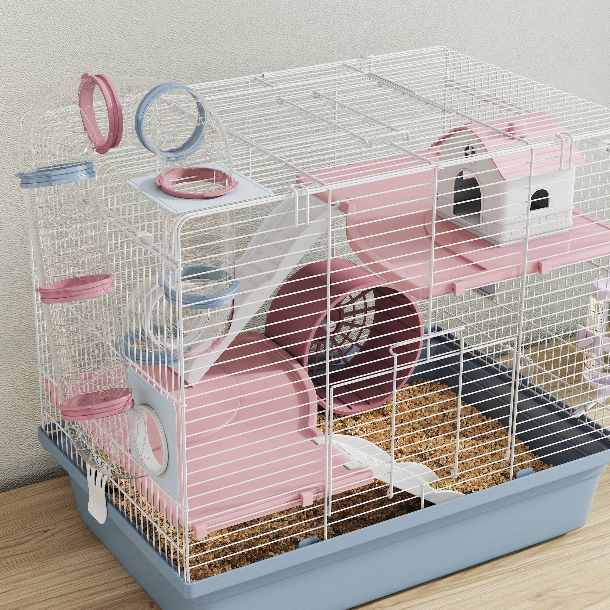 Alt View 8. Pawhut - Cage, 3-Tier Small Animal Cage with Exercise Wheel, Food Bowl, Water Bottle, House - Blue.