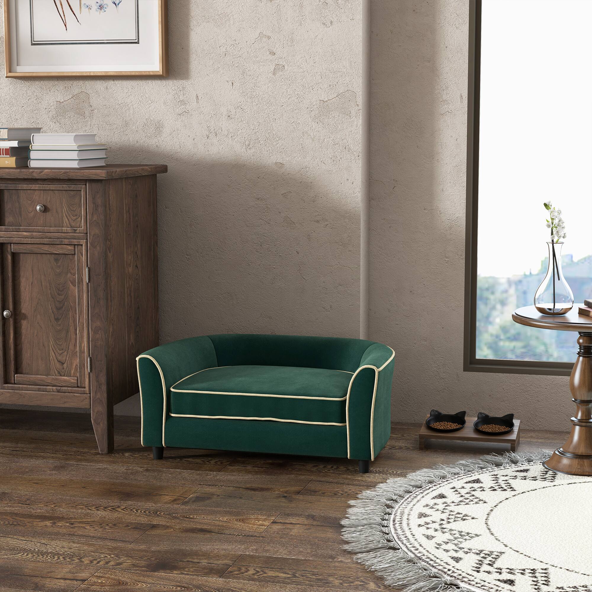 Alt View 5. Pawhut - Dog Couch Fancy Pet Bed Modern Dog Sofa for Small and Medium Dogs Cats, with Soft Cushion, Washable and Removable Cover - Dark Green.