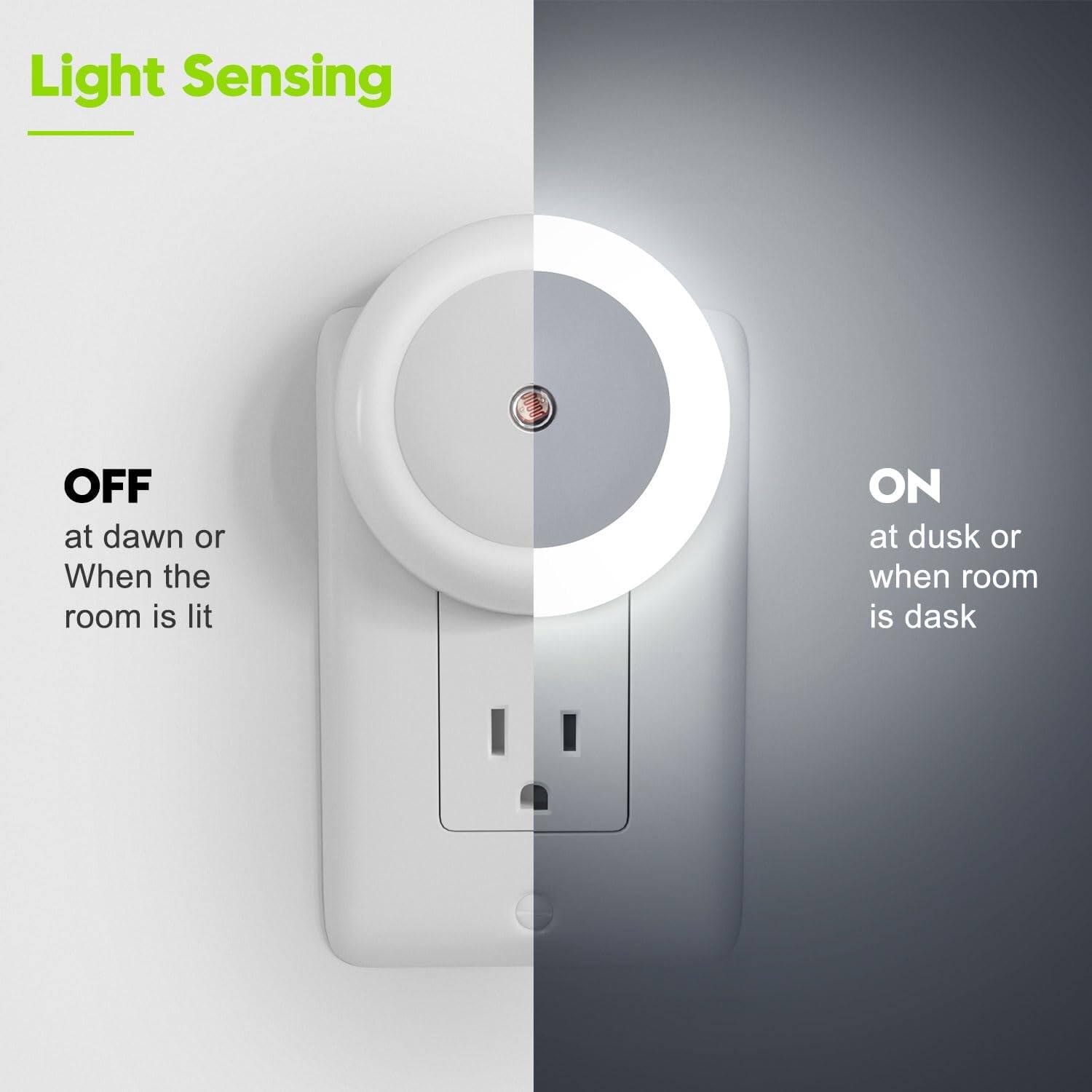 Light Sensing

OFF  
at dawn or  
When the  
room is lit

ON  
at dusk or  
when room  
is dark