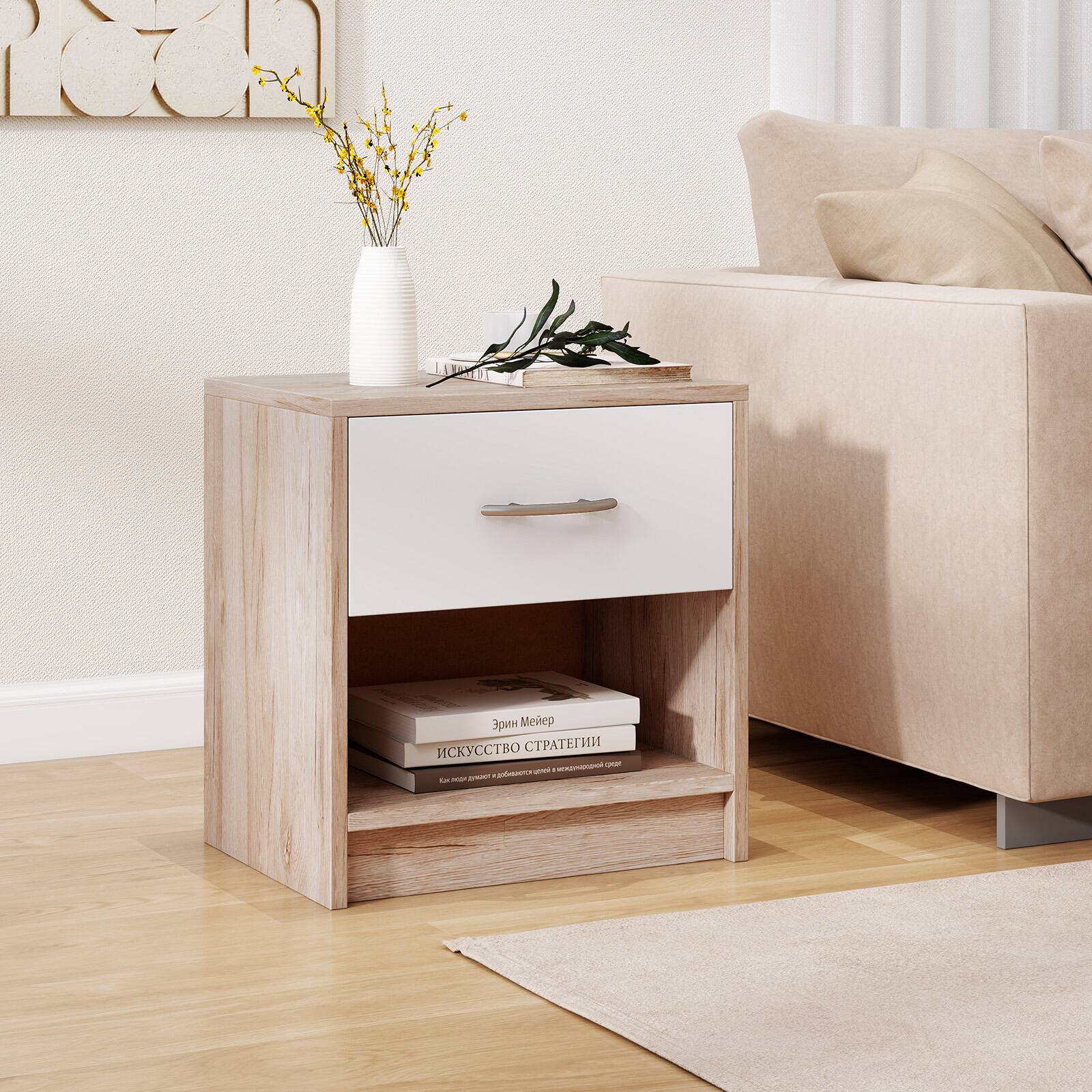 Alt View 5. Gymax - Gymax 2 PCS Nightstand w/ Drawer Side Table w/ Slide-out Drawer Open Storage Shelf Oak & White - Yellow.