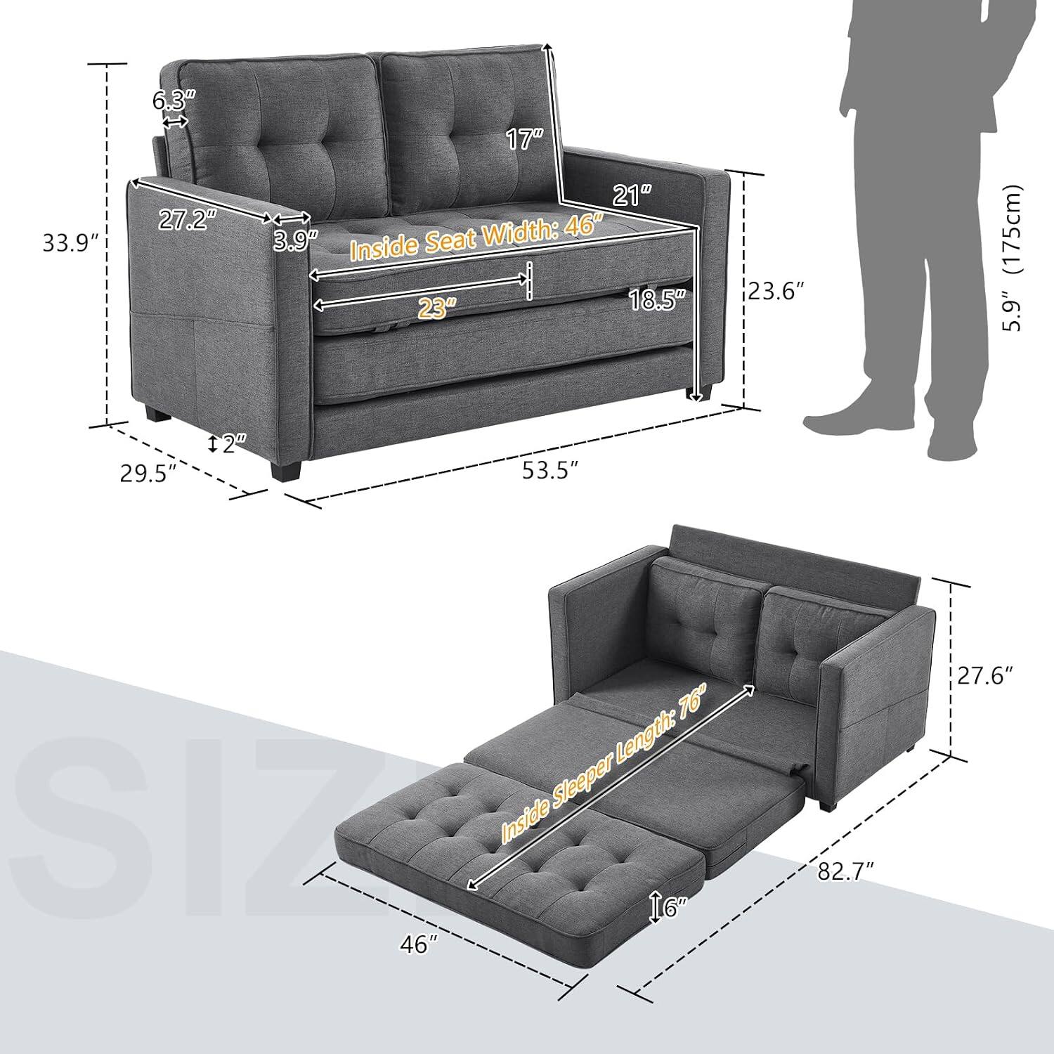 33.9" 6.3" 27.2" 17" 21" Width: 46" 3.9" Inside Seat 23" 18.5" 23.6" (175cm) 5.9" 29.5" 12" 53.5" 76" Length: Sleeper SIZ Inside 16" 46" 82.7" 27.6"