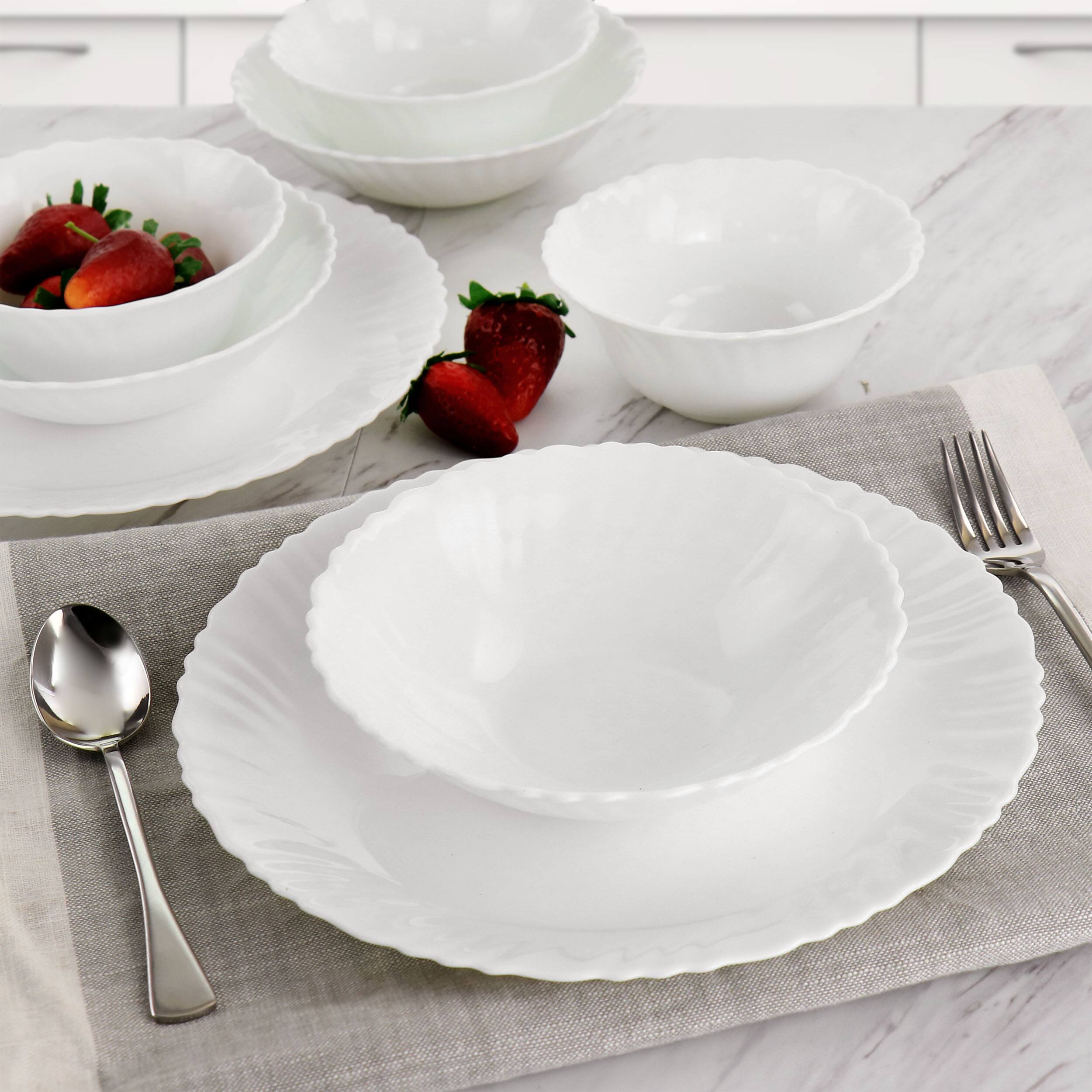 Alt View 7. Gibson - Gibson Ultra Radley 12 Piece Tempered Opal Glass Dinnerware Set in White - White.