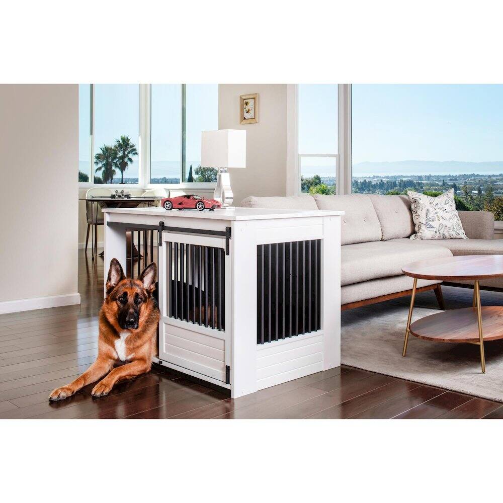 Angle. New Age Pet - ECOFLEX Barn Door Dog Crate End Table - Antique White X-Large.