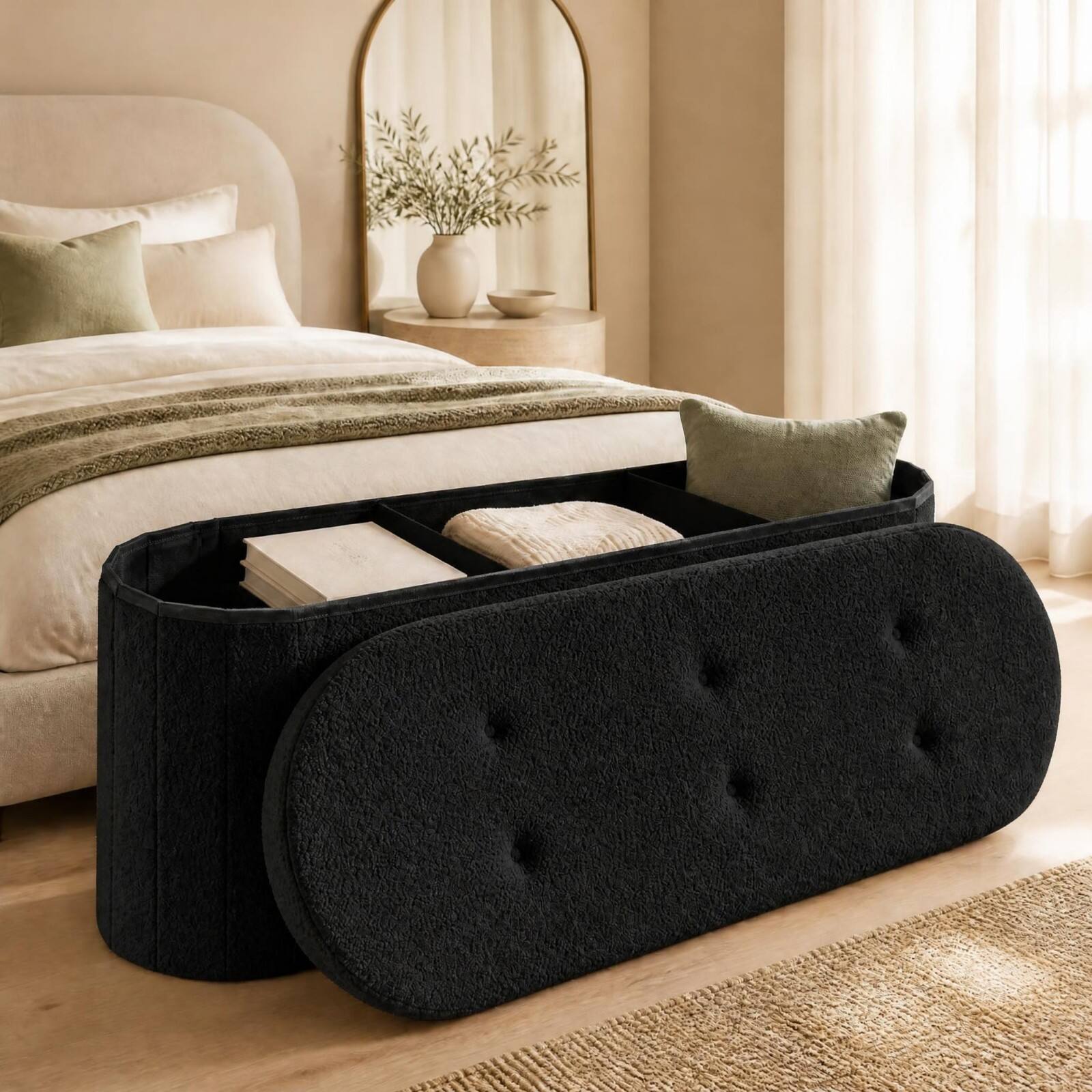 Alt View 3. Costway - Costway Storage Ottoman Bench 43" Oval Ottoman with Dividers Folding Teddy Boucle Footrest - Black.