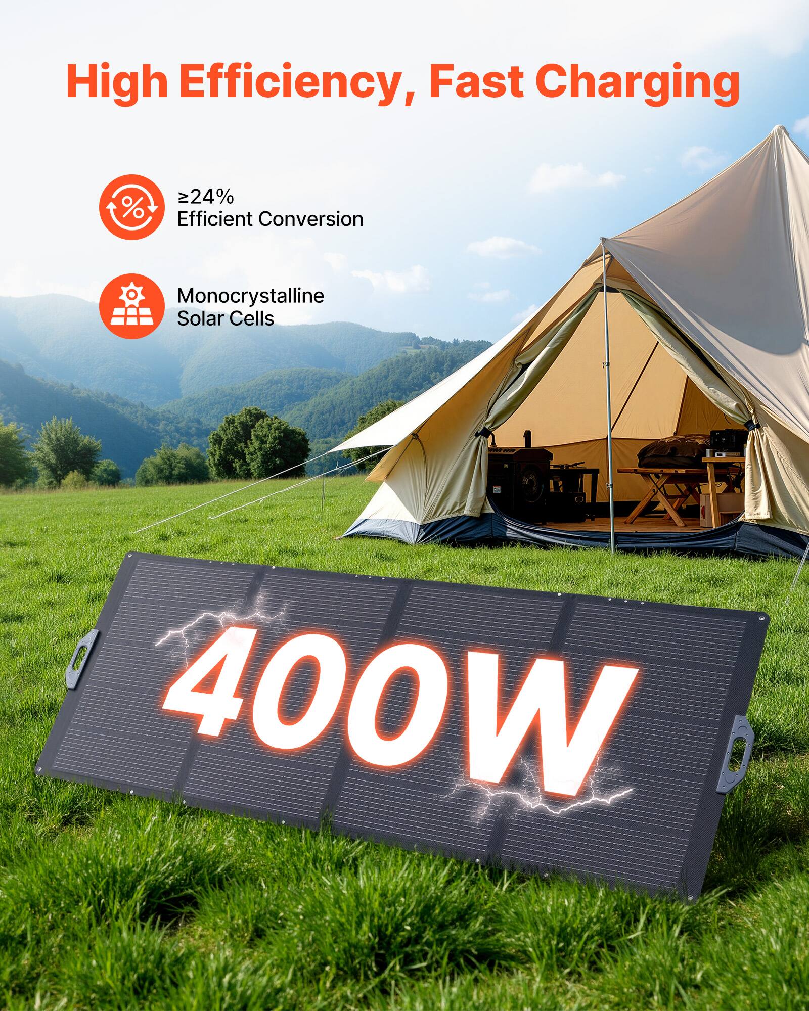 High Efficiency, Fast Charging

≥24% Efficient Conversion

Monocrystalline Solar Cells

400W