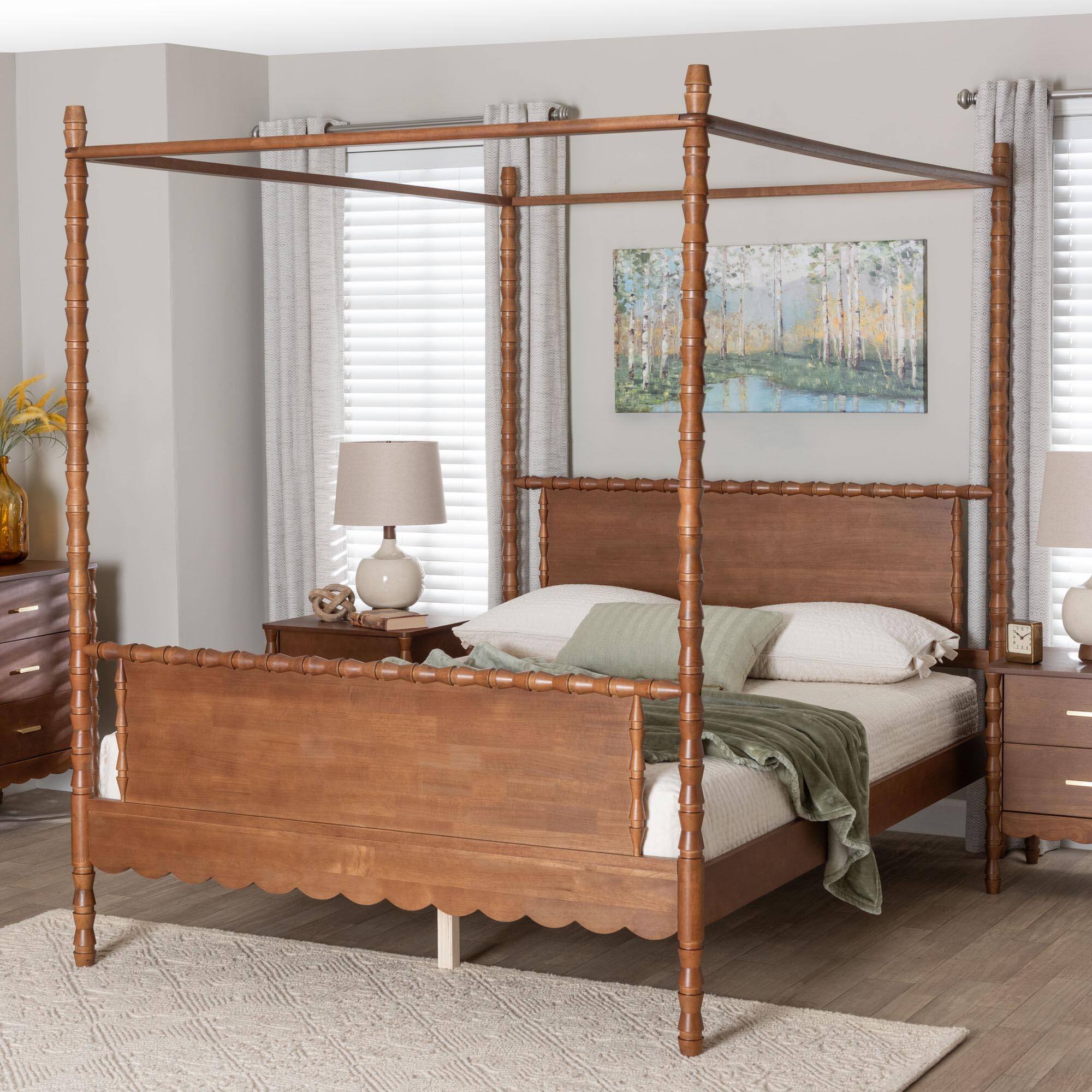 Alt View 3. Baxton Studio - Danette Bobbin Wood Canopy Bed, Queen - Walnut Brown.