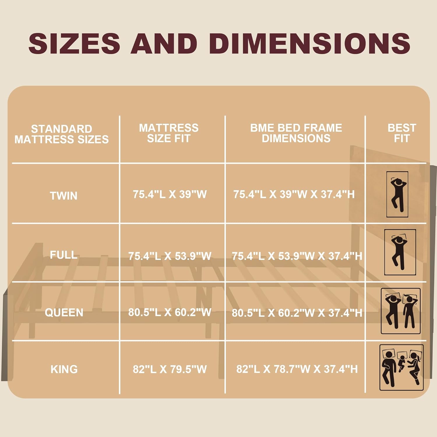SIZES AND DIMENSIONS

STANDARD MATTRESS SIZES | MATTRESS SIZE FIT | BME BED FRAME DIMENSIONS | BEST FIT

TWIN | 75.4"L X 39"W | 75.4"L X 39"W X 37.4"H

FULL | 75.4"L X 53.9"W | 75.4"L X 53.9"W X 37.4"H

QUEEN | 80.5"L X 60.2"W | 80.5"L X 60.2"W X 37.4"H

KING | 82"L X 79.5"W | 82"L X 78.7"W X 37.4"H