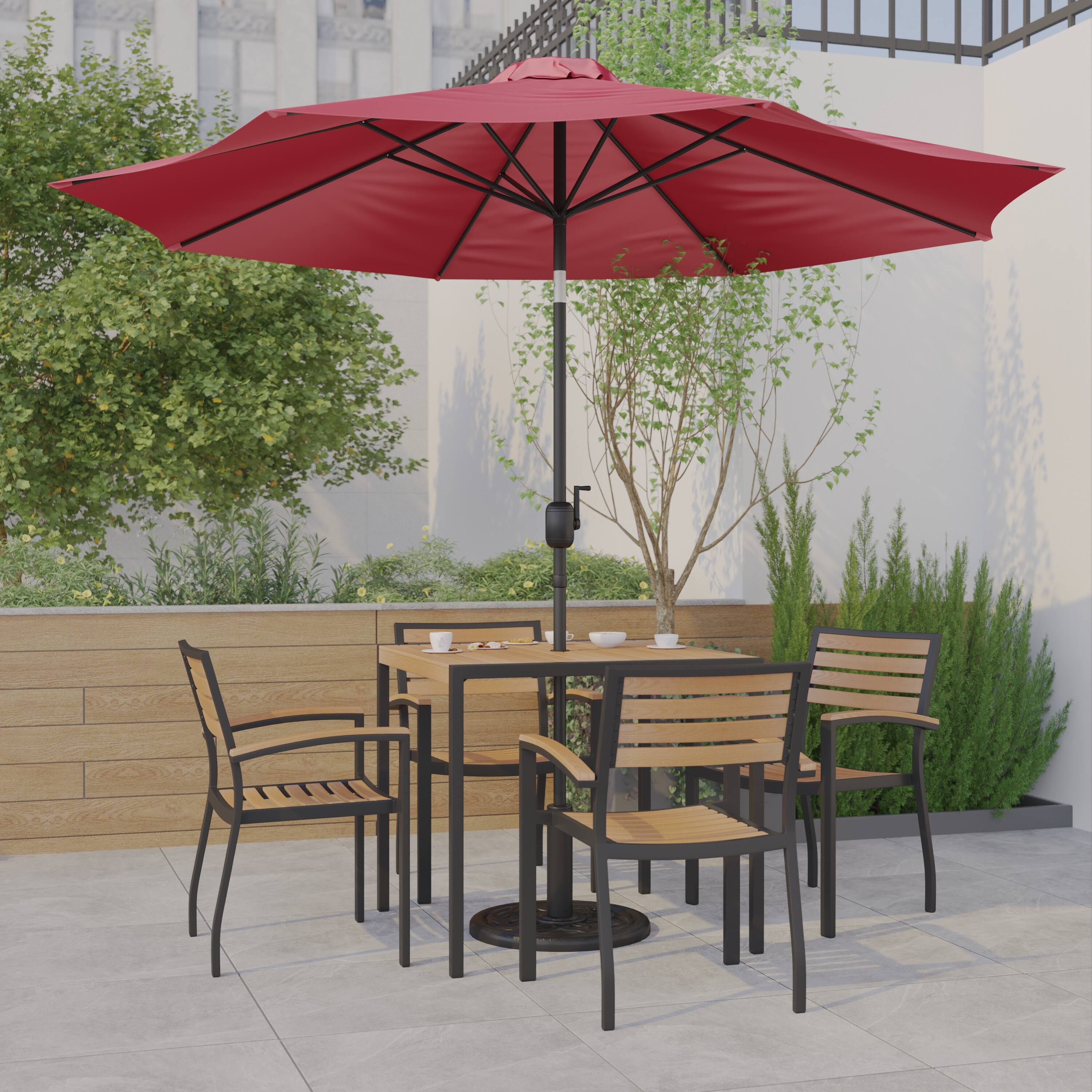 Alt View 1. Emma + Oliver - 7 Piece Patio Table Set - 4 Synthetic Faux Teak Stackable Chairs - Faux Teak Table - Umbrella with Base - Red.