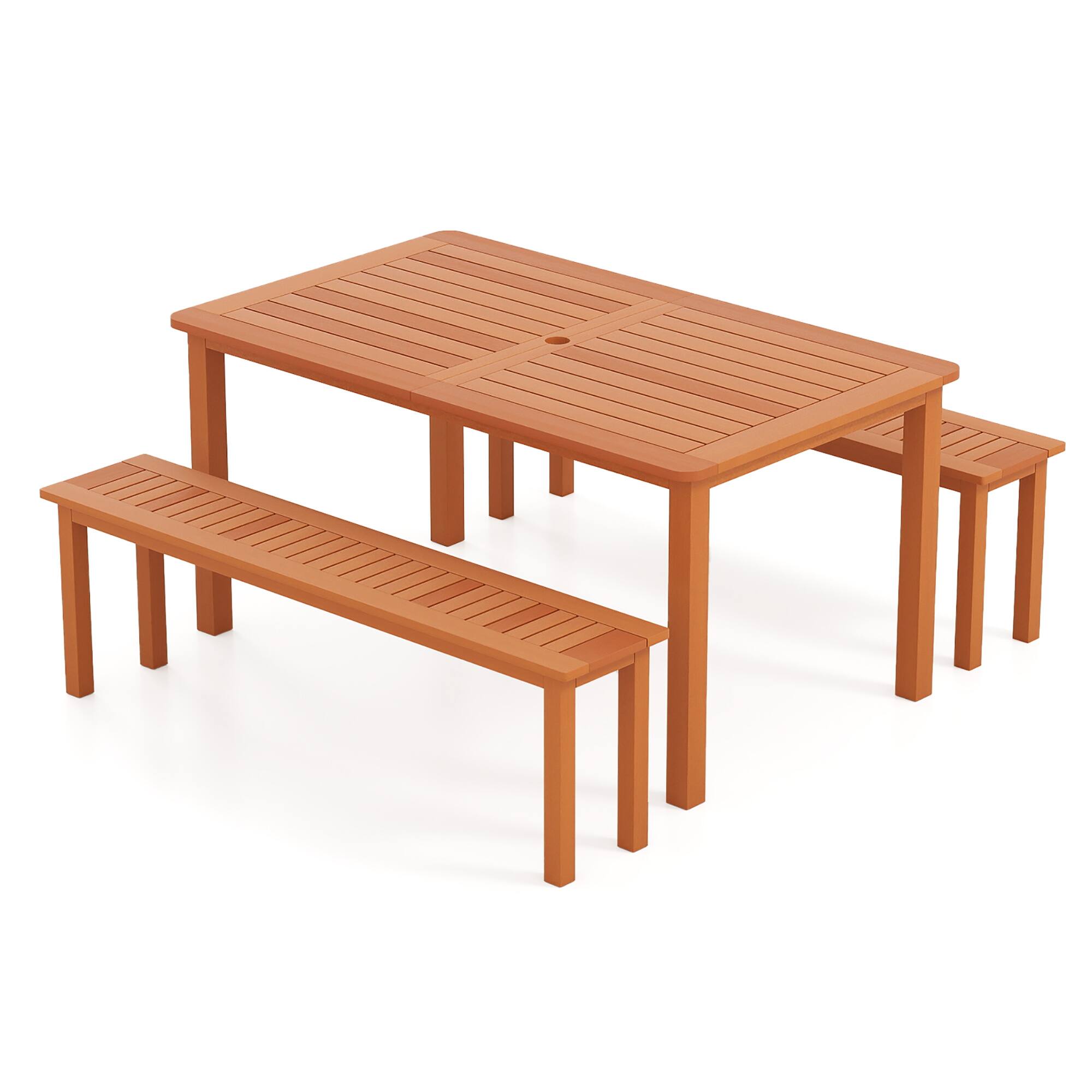 Alt View 8. Gymax - Gymax Set of 3 Patio Dining Set Solid Wood Dining Table w/2 Benches 2'' Umbrella Hole - Natural.