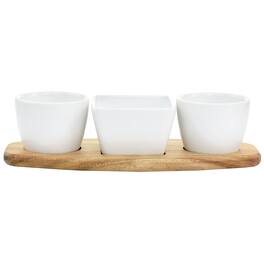 Gibson - Elite Gracious Dining 4 Piece Fine Ceramic Tidbit Dish Set with Acacia Wood Base - Brown