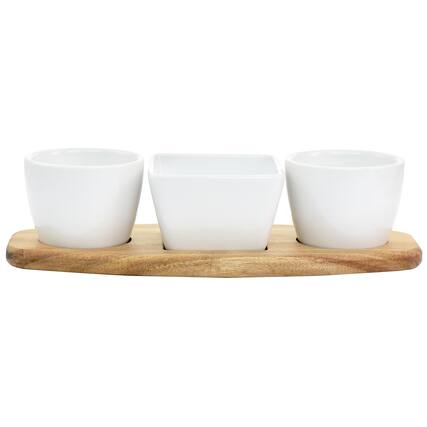 Front. Gibson - Gibson Elite Gracious Dining 4 Piece Fine Ceramic Tidbit Dish Set with Acacia Wood Base - Brown.
