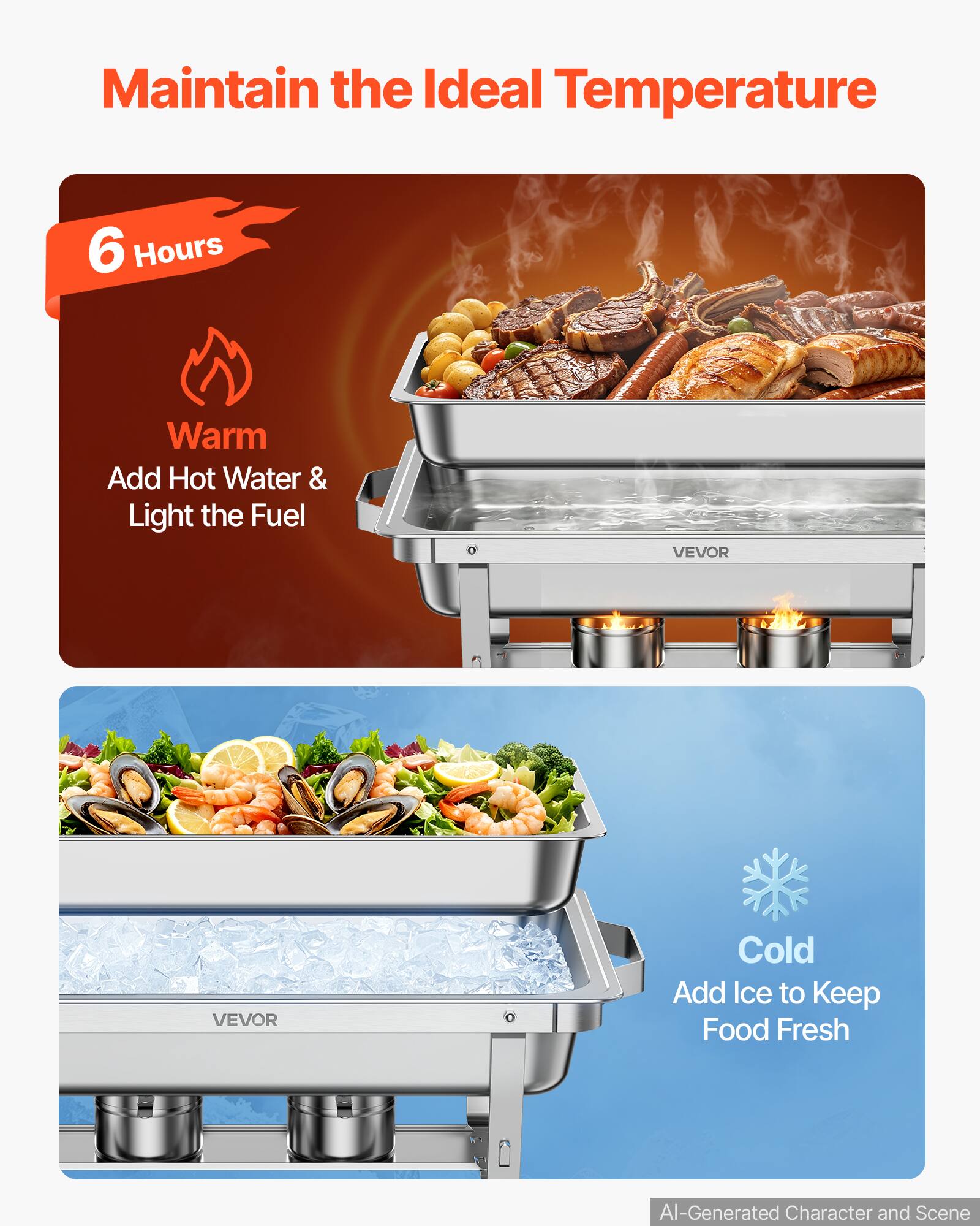 VEVOR 6 Packs Chafing Dishes for Buffet Set, 9QT Stainless Steel Chafer ...