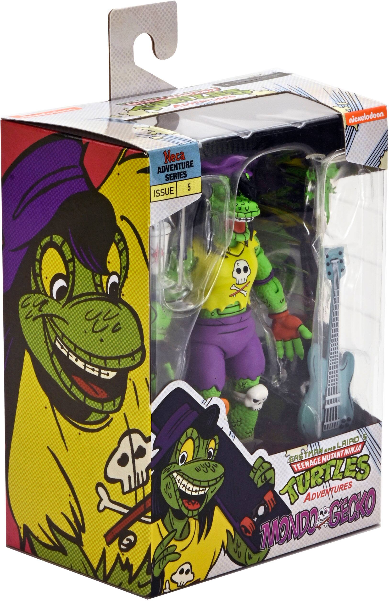 The image shows a box containing a toy set of the Teenage Mutant Ninja Turtles. The box is labeled with the name of the toy set, "Teenage Mutant Ninja Turtles Adventures." The toy set includes a figure of a character named "Donatello," who is a member of the Teenage Mutant Ninja Turtles. The box also contains a guitar accessory for the toy, which is a part of the toy set.