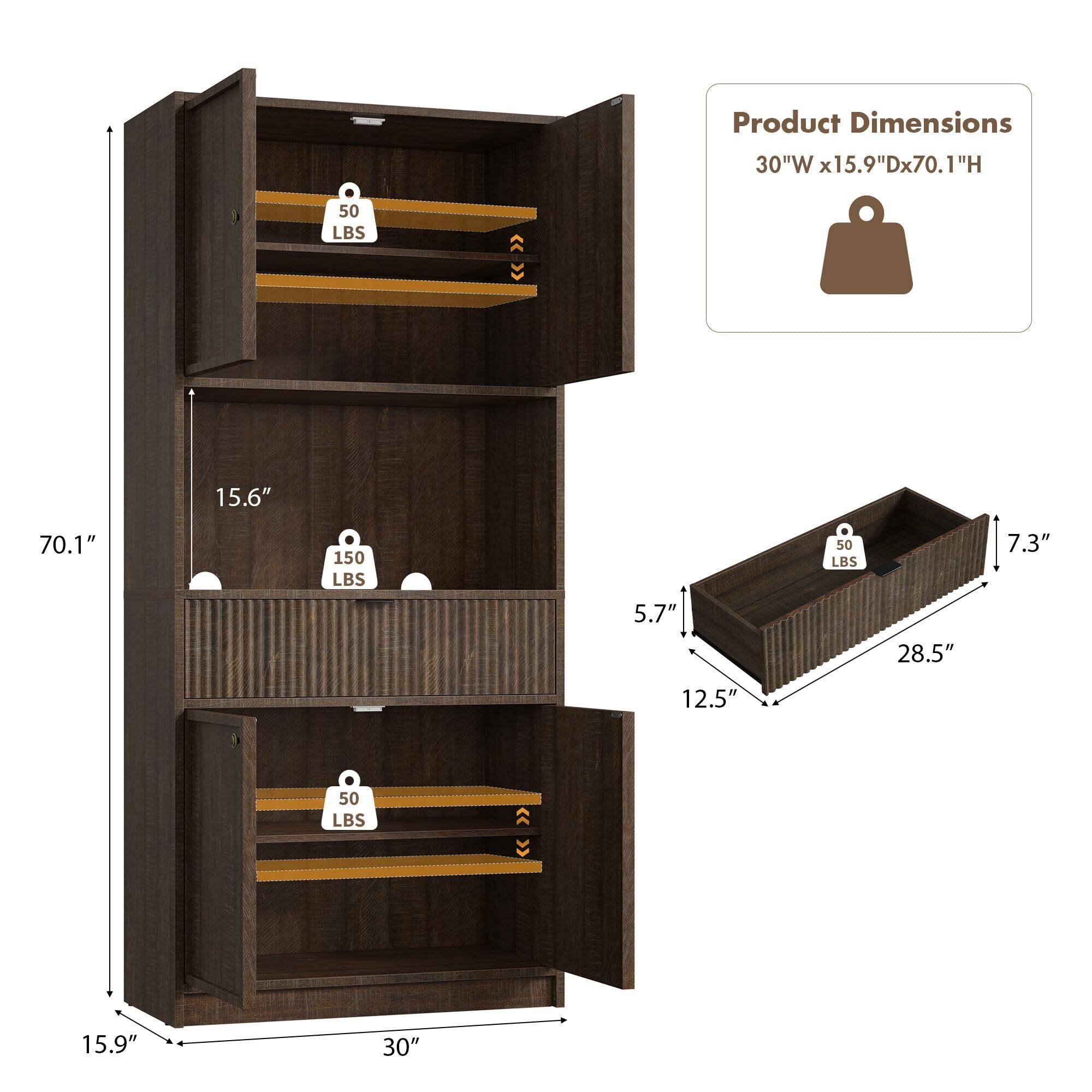 Product Dimensions:  
30"W x 15.9"D x 70.1"H  

- 15.6" (50 LBS)  
- 150 LBS  
- 5.7" (50 LBS)  
- 28.5" (50 LBS)  
- 7.3"  
- 12.5"  
- 15.9"  
- 30"