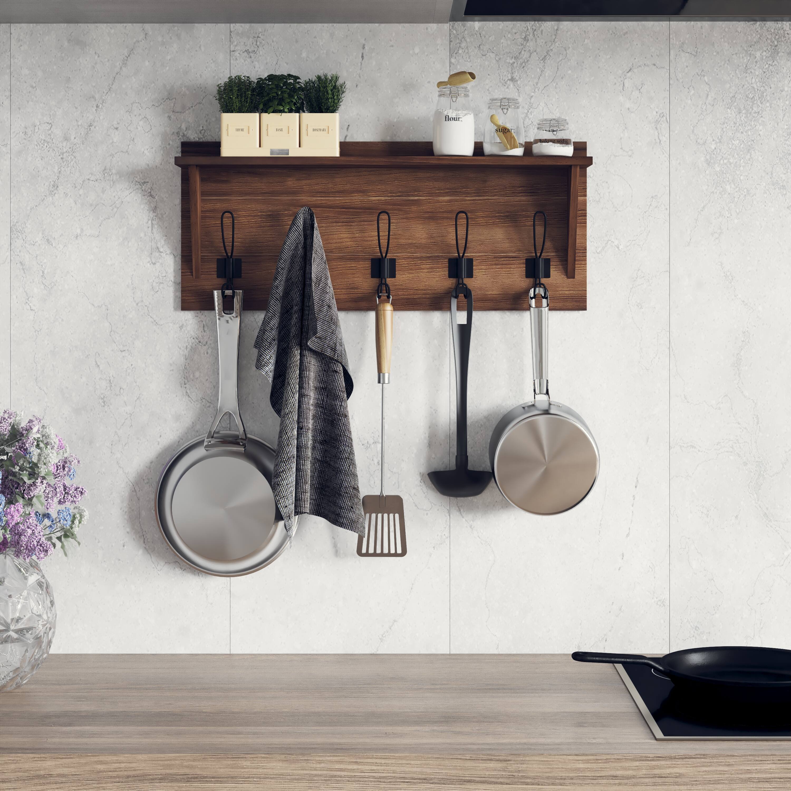 Alt View 4. Emma + Oliver - Alcott Rustic Country Wall Mounted Entryway Shelf with 5 Rustic Hooks and Wood Construction - Rustic Brown.