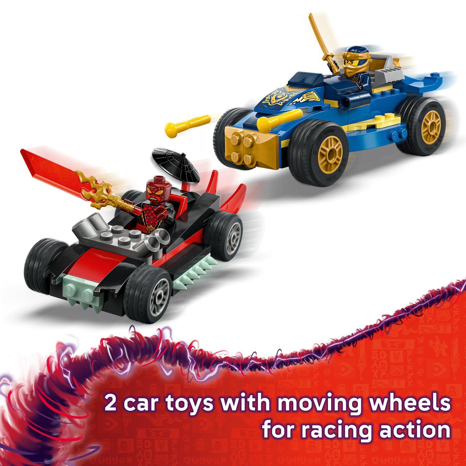 2 car toys with moving wheels for racing action