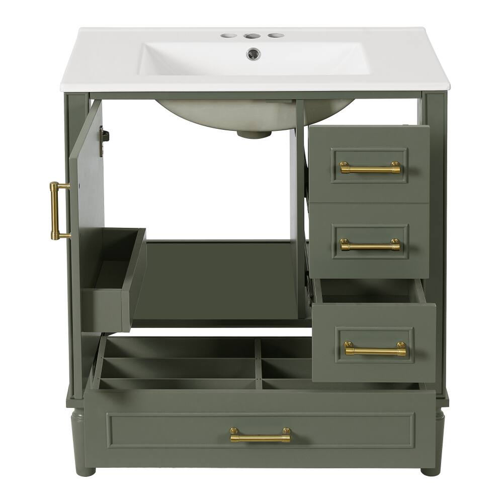 Alt View 7. JUJABU - Olive Green 30" Bathroom Vanity with Ceramic Sink, Soft-Close Door with Built-in Shelf for Bathroom - Olive Green.