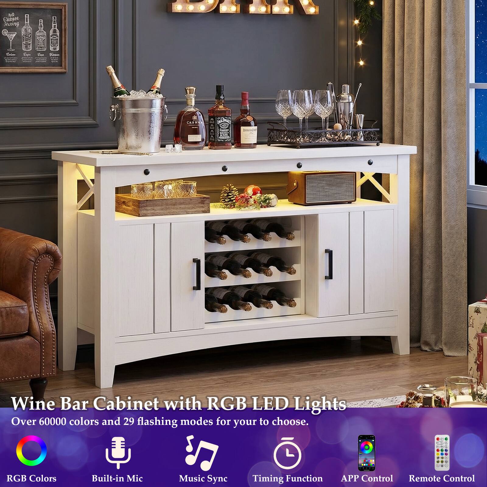A Caesec bearing Bopand SO Wine Bar Cabinet with RGB LED Lights Over 60000 colors and 29 flashing modes for your to choose. L RGB Colors Built-in Mic Music Sync Timing Function APP Control Remote Control