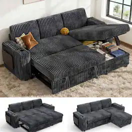 Dyonery - 85" Modular Sectional Sleeper Sofa with Pull Out Bed, 3 Seat L Shaped with Reclining Backrest,Corduroy Gray - Gray