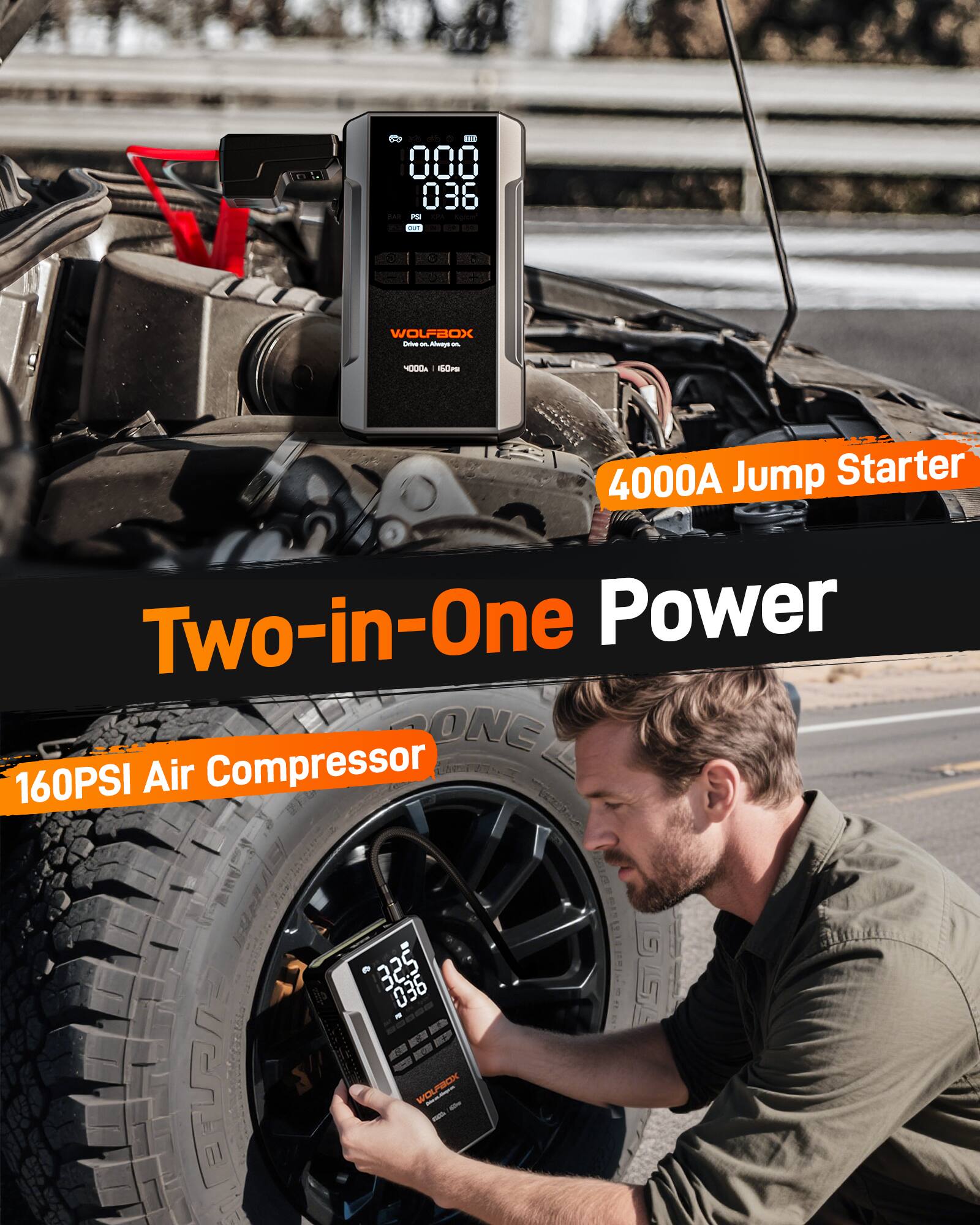 100 000 036 22 OU!!

WOLFBOX Drive IM. Hiways - 4000A / 150PS

4000A Jump Starter Two-in-One Power ONE 160PSI Air Compressor

325 036 GLSA ETURI WOLFBOX