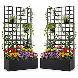 Gymax - 2 Pcs Raised Garden Bed w/ Trellis Galvanized Planter Box w/ Drainage Holes - Black