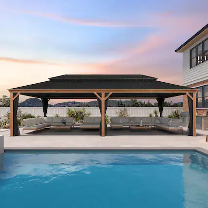 Front. PURPLE LEAF - 14' X 28' Hardtop Outdoor Wood Grain Aluminum Gazebo with Double Roof for Patio Lawn and Garden, Netting Included - 14' X 28'.