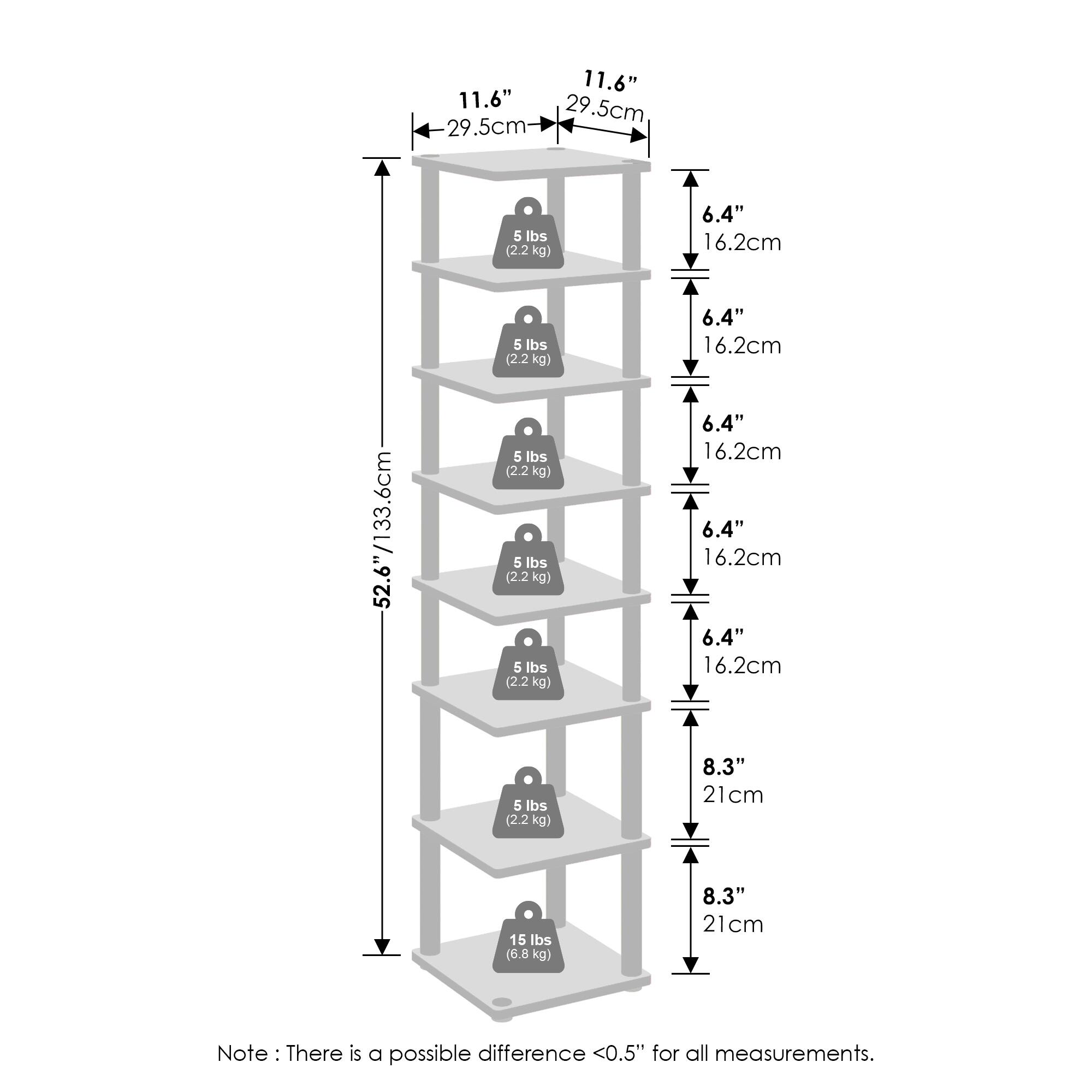 11.6" (29.5cm)  
6.4" (16.2cm)  
5 lbs (2.2 kg)  
6.4" (16.2cm)  
5 lbs (2.2 kg)  
6.4" (16.2cm)  
5 lbs (2.2 kg)  
6.4" (16.2cm)  
5 lbs (2.2 kg)  
8.3" (21cm)  
15 lbs (6.8 kg)  
8.3" (21cm)  

Note: There is a possible difference <0.5" for all measurements.