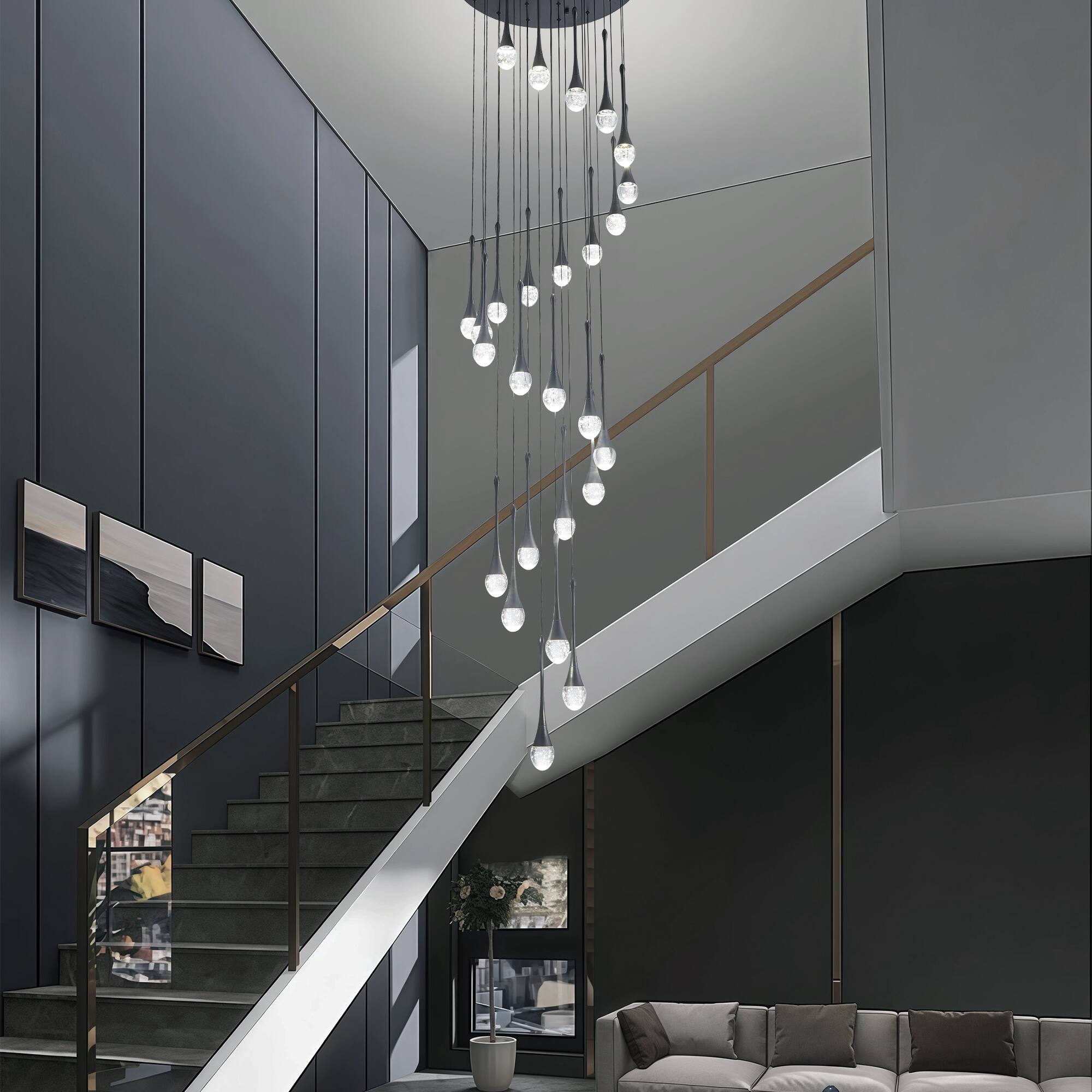 Left. RYHNUYNE - 26-Light Black Large Modern Chandelier, Crystal Staircase Chandelier with Remote, Dimmable LED Raindrop Lighting Chandel - Black.