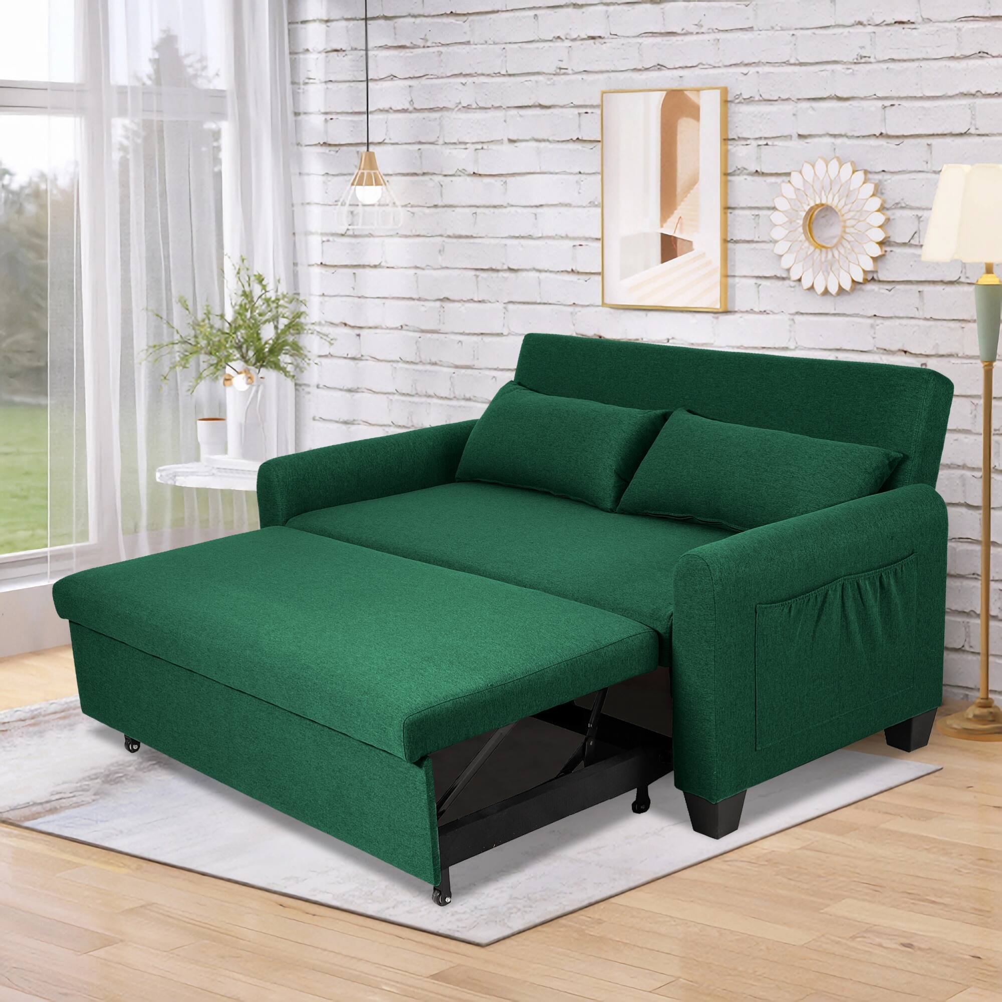 Angle. GOODSILO - Extra-Large 61-Inch Convertible Fabric Sofa Bed With Storage Reinforced Frame Adjustable Backrest - Green.