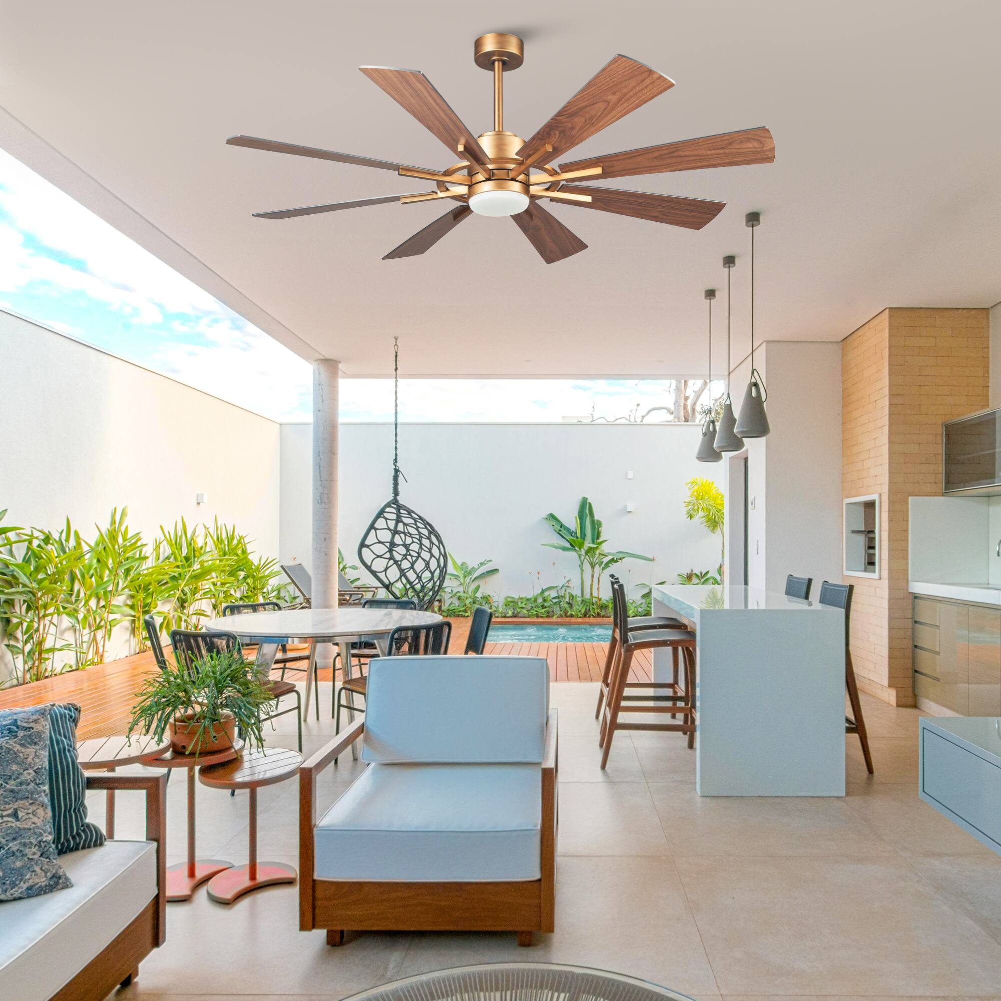 Angle. Parrot Uncle - 60 in. Windmill 8-Blade Integrated LED Gold Ceiling Fan with Light and Remote Control, DC Reversible Motor - Gold.