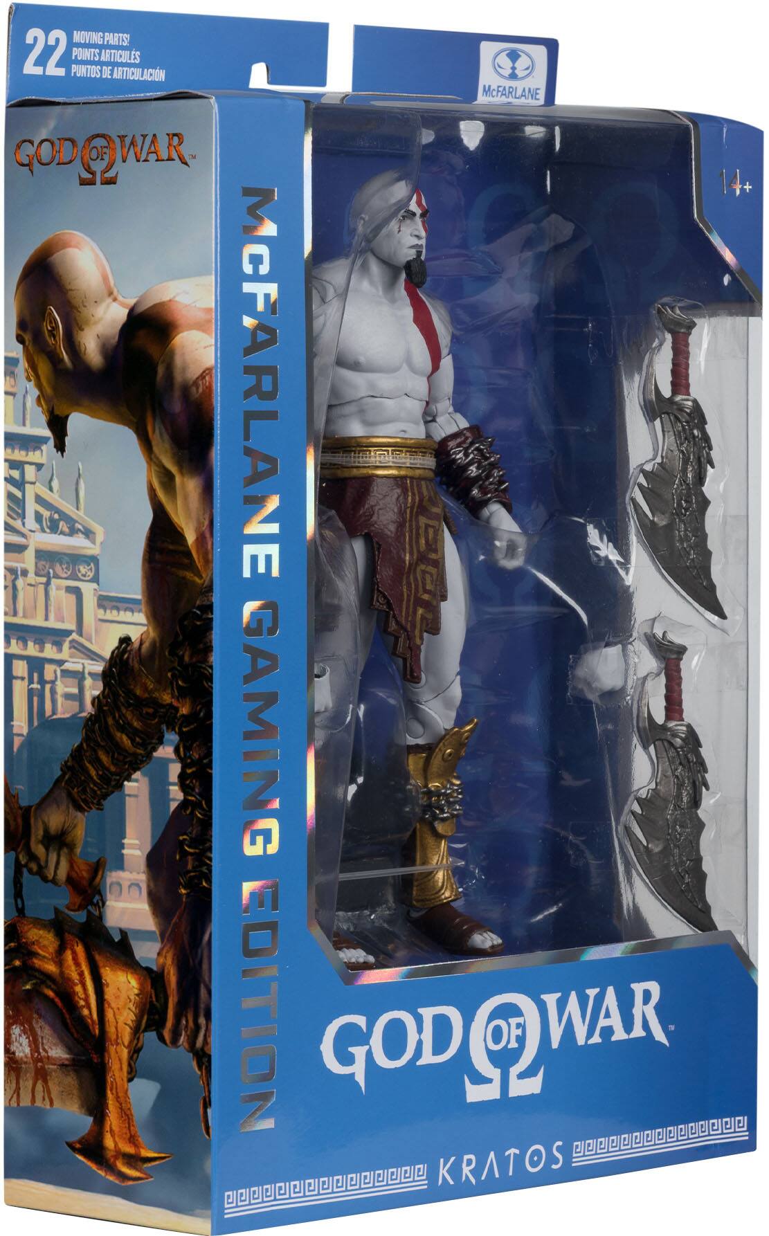 MOVING PARTS!  
22 PUNTOS ARTICULS  
POINTS DE ARTICULACIÓN  
PUNTOS DE ARTICULACIÓN  

McFARLANE GAMING EDITION  
GOD OF WAR  
KRATOS  

14+
