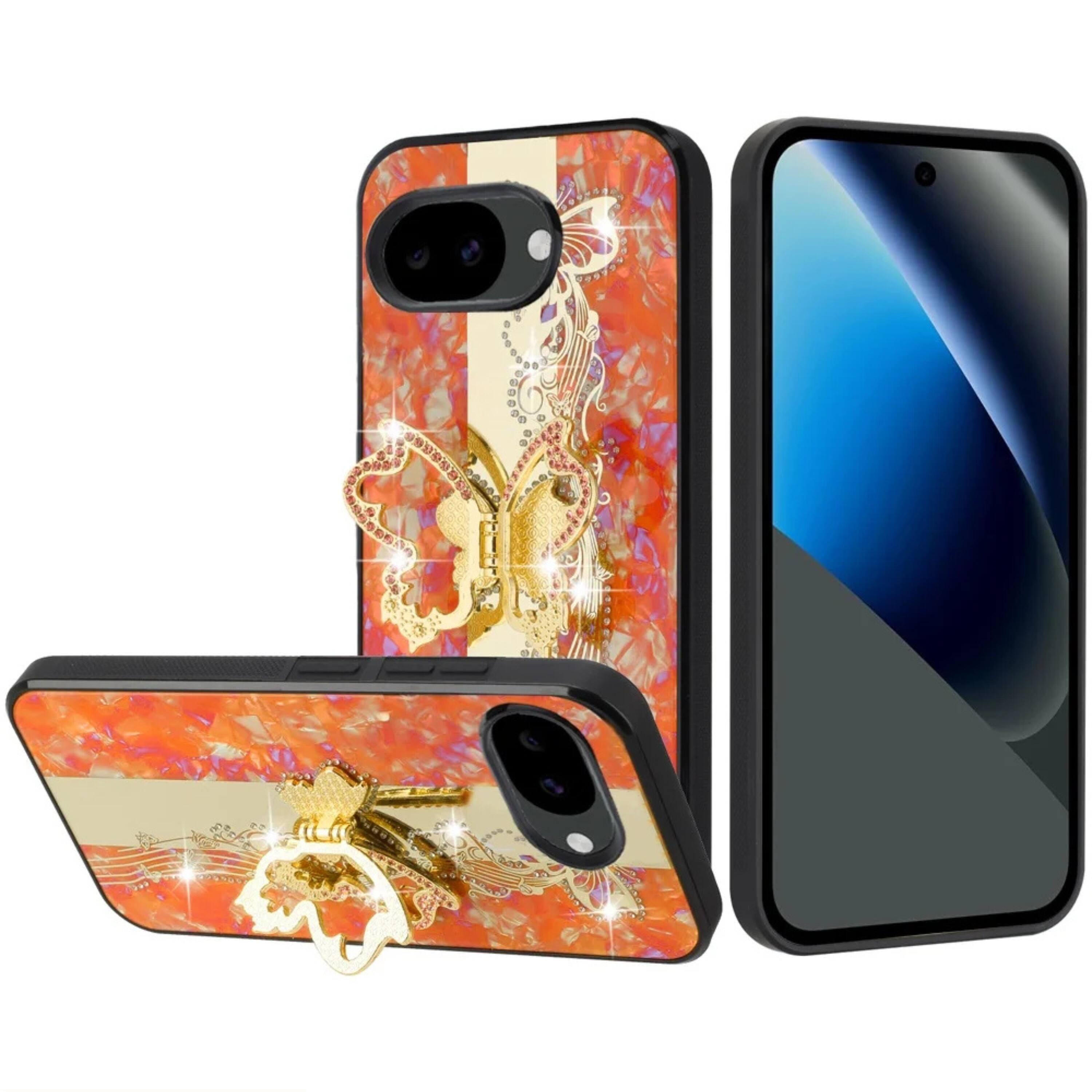 Angle. Kitcheniva - Enchanted Butterfly Rhinestone Bling Glitter Cover Phone Case With Tempered Glass For Google Pixel 10a Cosmic Orange - Orange.