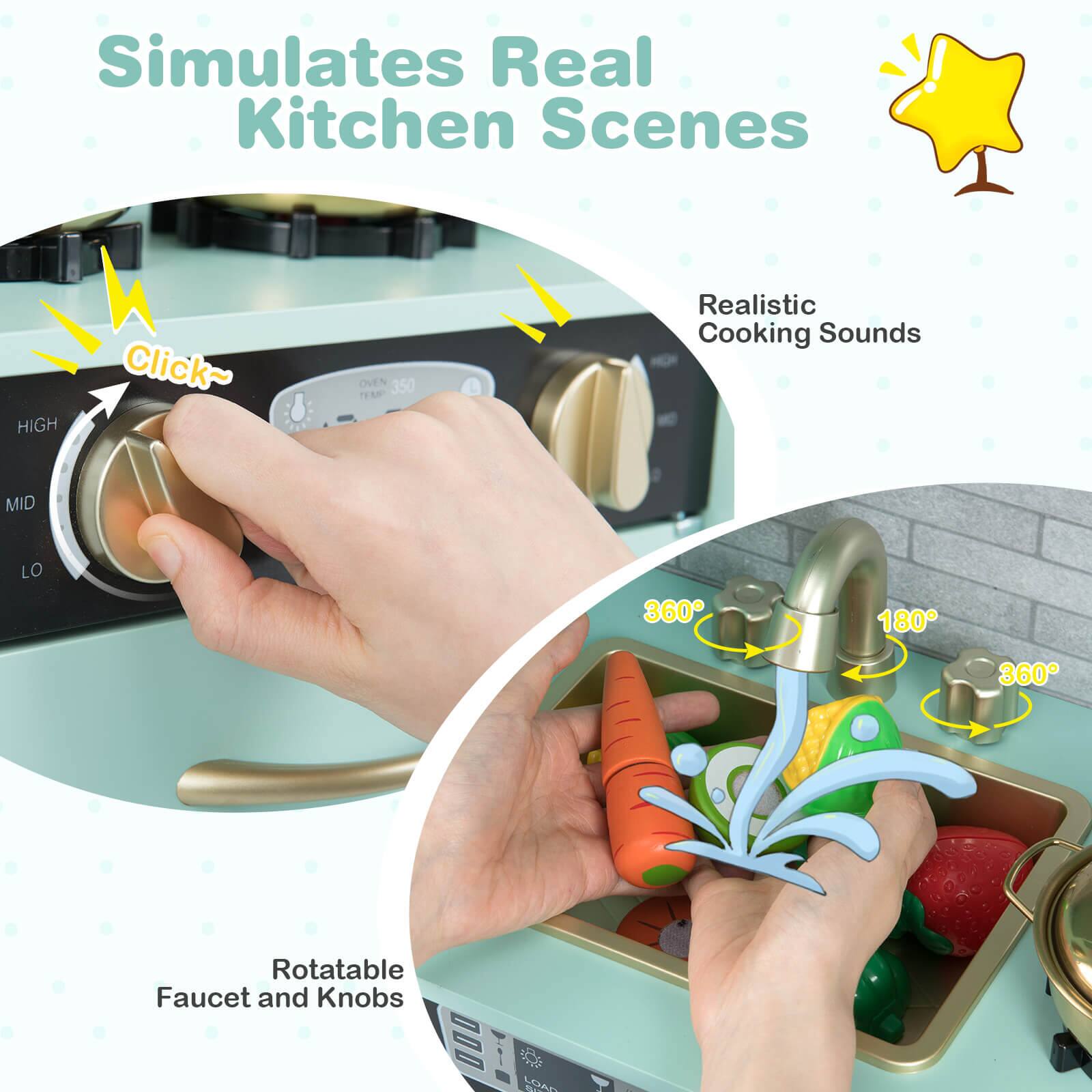 Simulates Real Kitchen Scenes

- Click~
- Realistic Cooking Sounds
- Rotatable Faucet and Knobs
- 360°
- 180°
- 360°