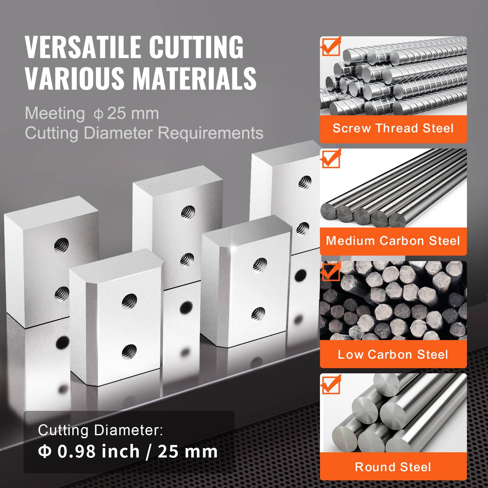 VERSATILE CUTTING VARIOUS MATERIALS  
Meeting φ 25 mm Cutting Diameter Requirements  

Cutting Diameter:  
φ 0.98 inch / 25 mm  

- Screw Thread Steel  
- Medium Carbon Steel  
- Low Carbon Steel  
- Round Steel
