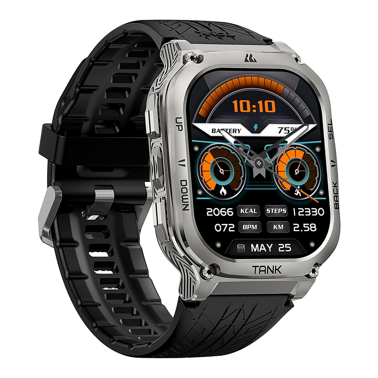 UP 10:10 BATTERY 75% SEL S = DOWN V BACK 2066 KCAL STEPS 2330 072 BPM 2.58 15 MAY 25 TANK